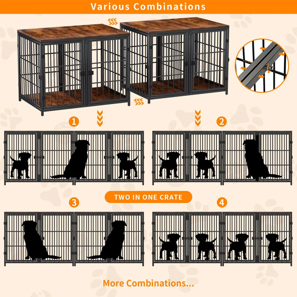 Bingopaw Jaula Perro Mediano Grande Mueble 90X62X68,5cm con Divisor Jaula Perros Madera con Hierro Fuerte Anticorrosivo y Superficie de Mesa y Cuerpo Conectable Dog Crate de 2 Habitaciones