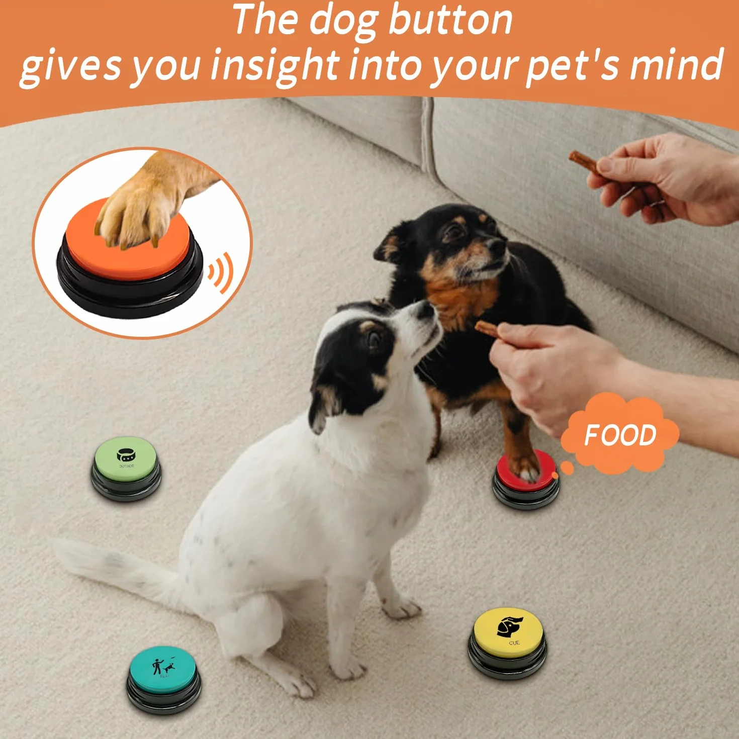 4 Botones de Perro para comunicación, Botones grabables, Botones para Perros, 4 Botones, 1 Almohadilla de Goma, 50 calcomanías, Entrena a tu Perro para Hablar