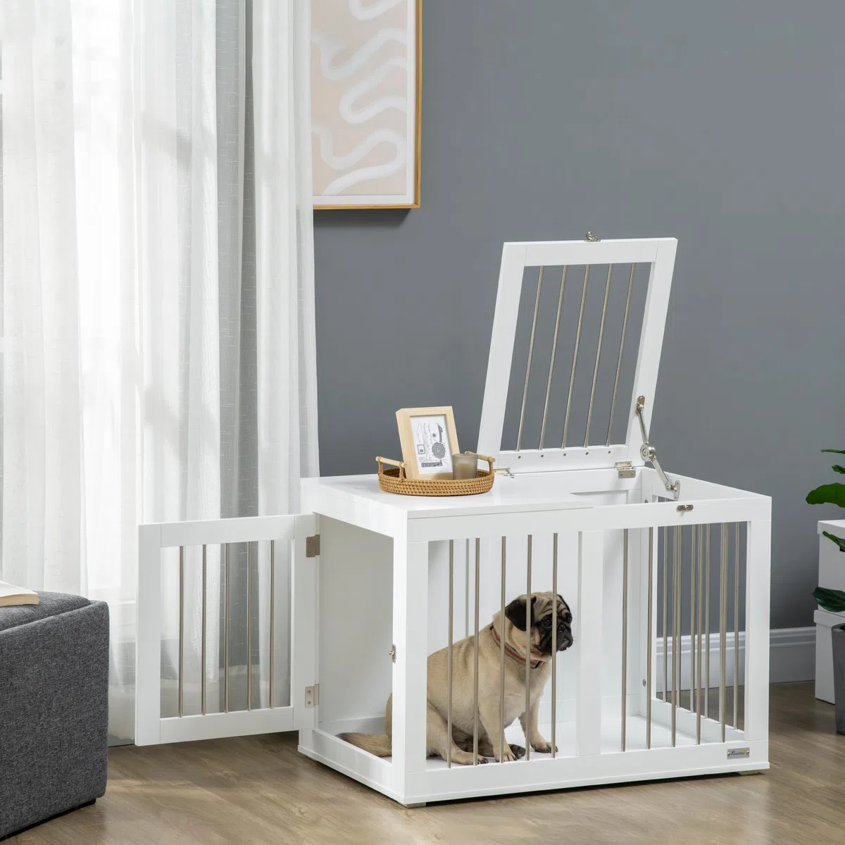 PawHut Jaula para Perros Medianos 2 en 1 Mesa Auxiliar Estilo Moderno con 2 Puertas con Pestillo y Estructura de Acero Inoxidable Casa para Perros 80x50x56,5 cm Blanco