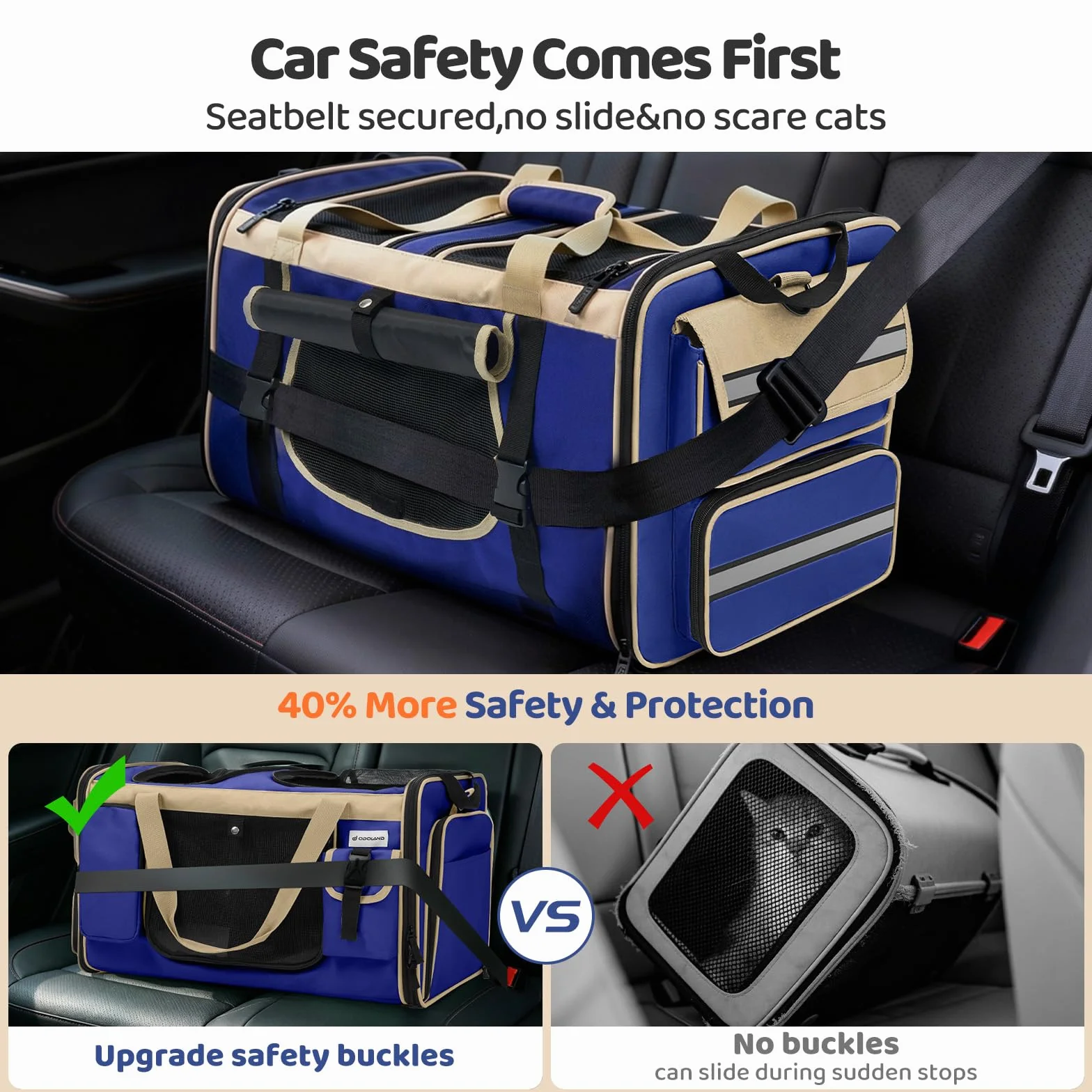 Odoland Transportín para 2 gatos – Bolsa de transporte plegable extensible para gatos grandes, transpirable, con correa para el hombro y caja de arena, ideal para viajes, coche – azul