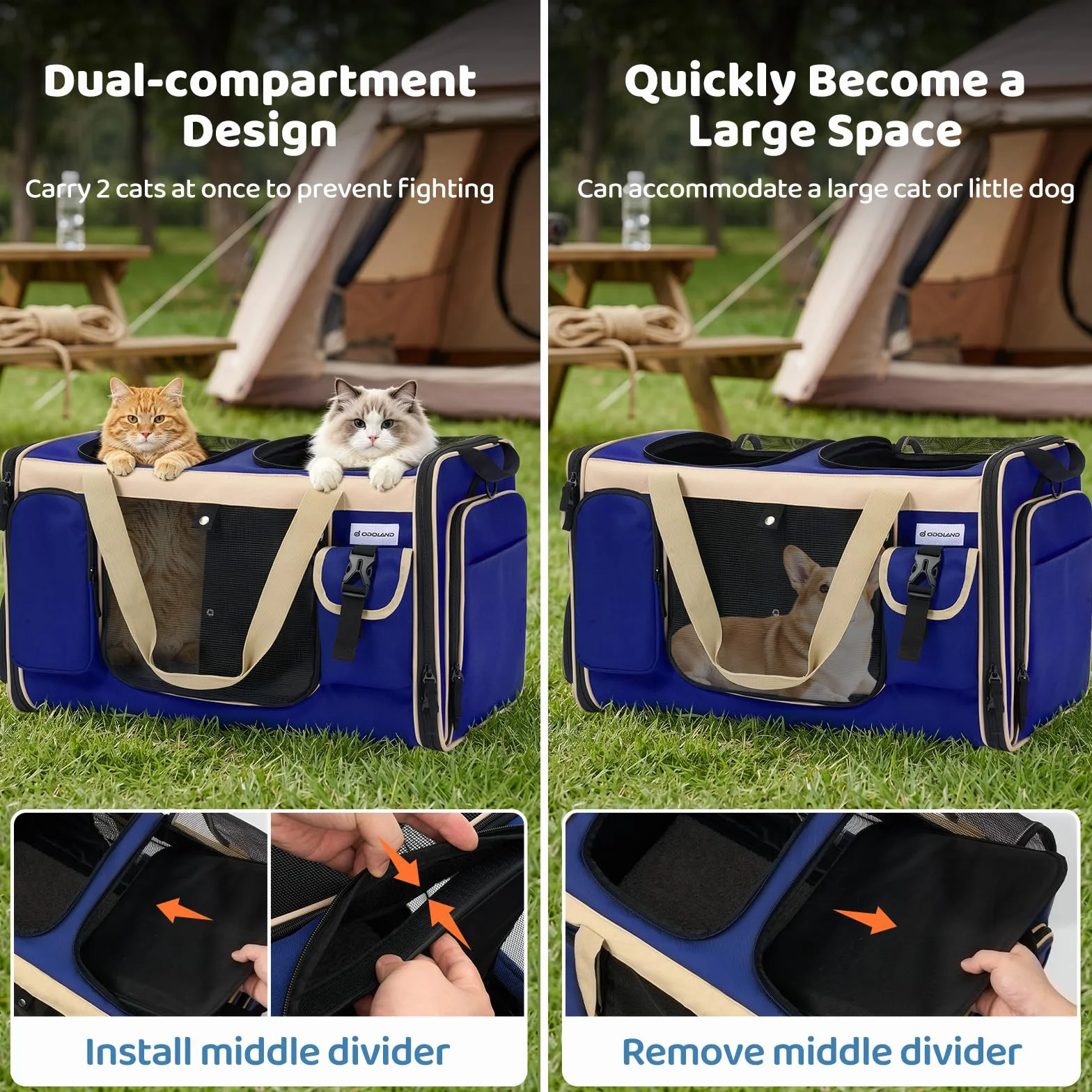 Odoland Transportín para 2 gatos – Bolsa de transporte plegable extensible para gatos grandes, transpirable, con correa para el hombro y caja de arena, ideal para viajes, coche – azul