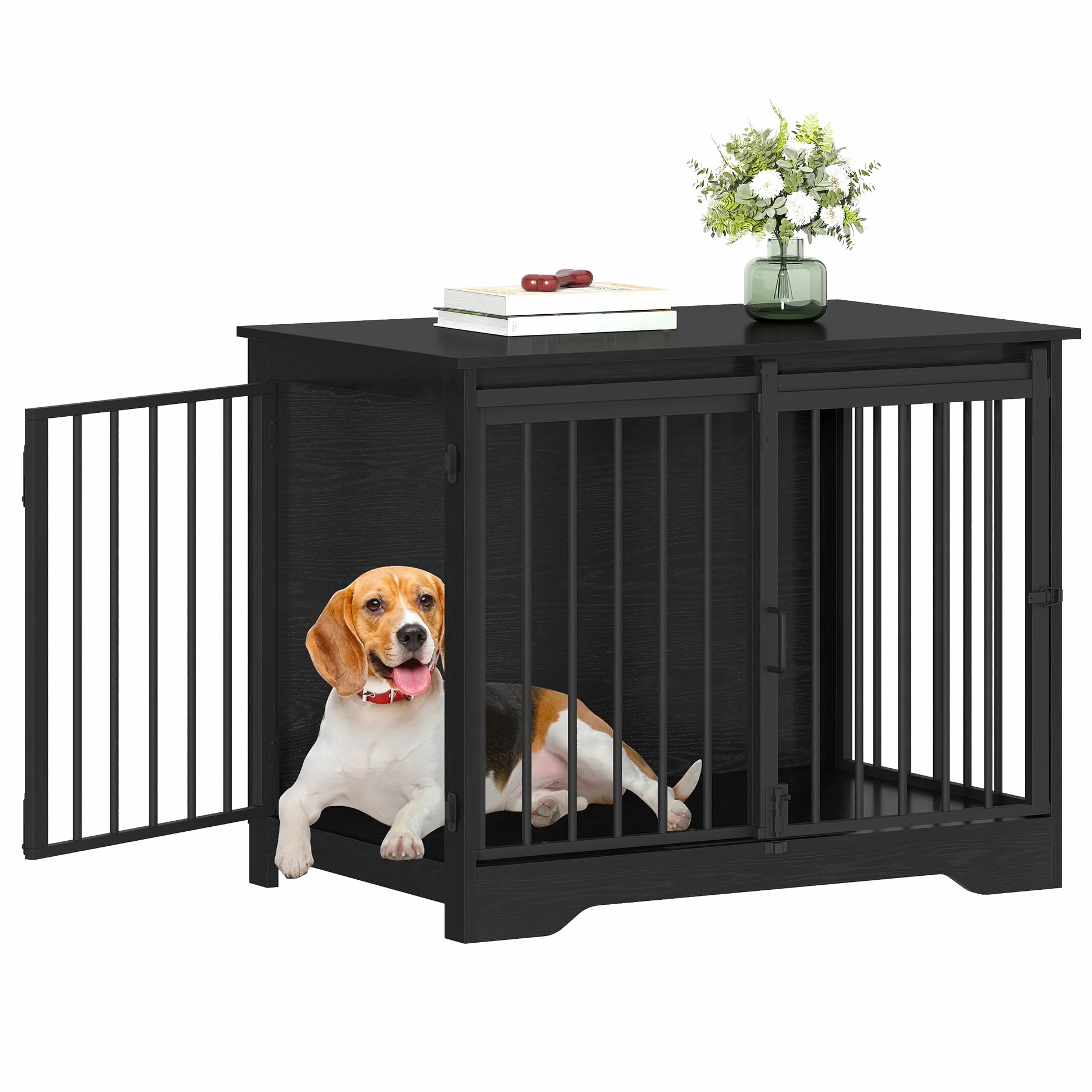 Hzuaneri 81cm Jaula para Perros, Mesa Auxiliar, casa Moderna para Perros, Jaula para Cachorros, dúplex para Animales, 2 Puertas, 55 x 81 x 67,5 cm, Negro DFC83604B