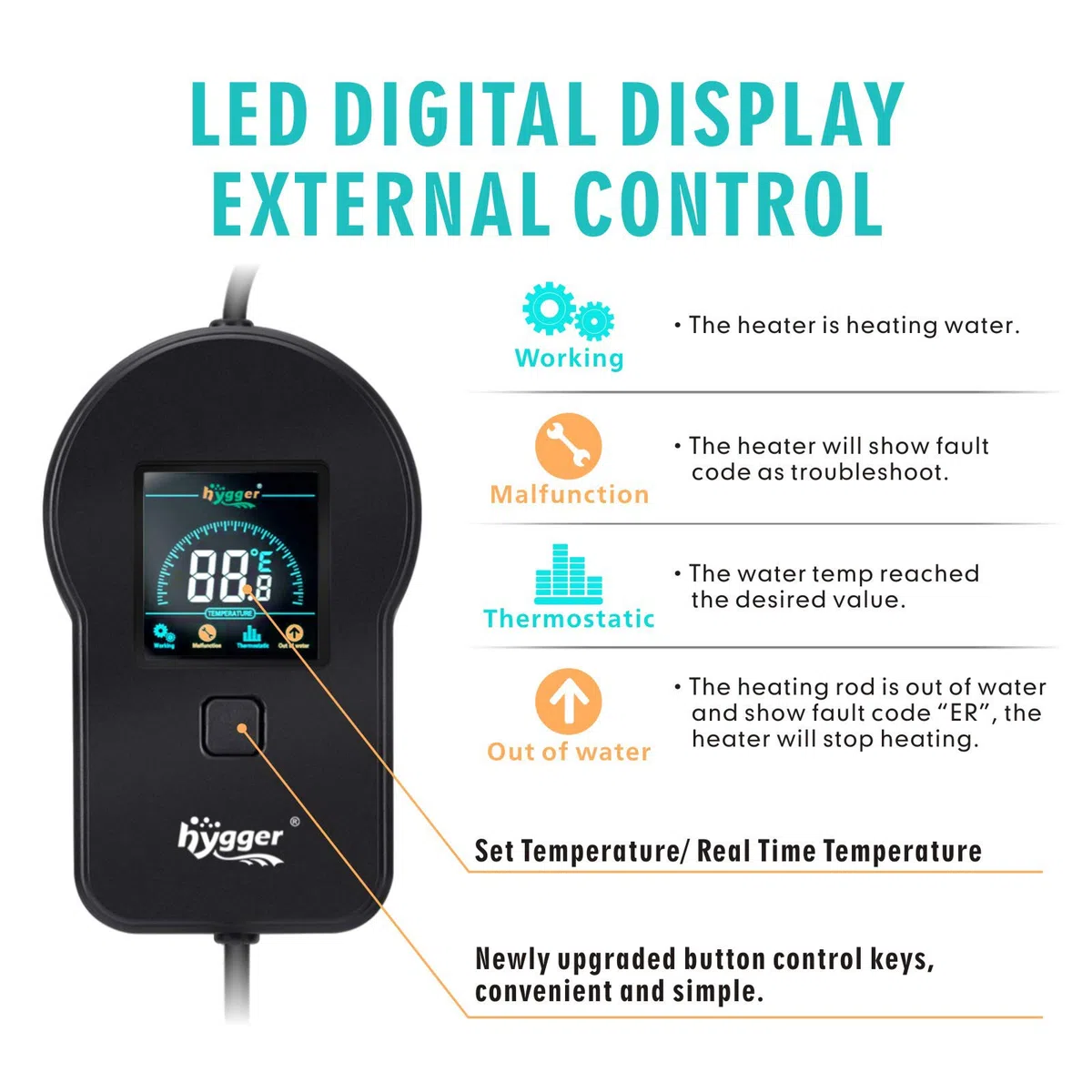 hygger Conductor de Acuario 800W, Calentador de Agua de Acuario Subacuático con Controlador de Temperatura Digital LED de Color Externo (800W)