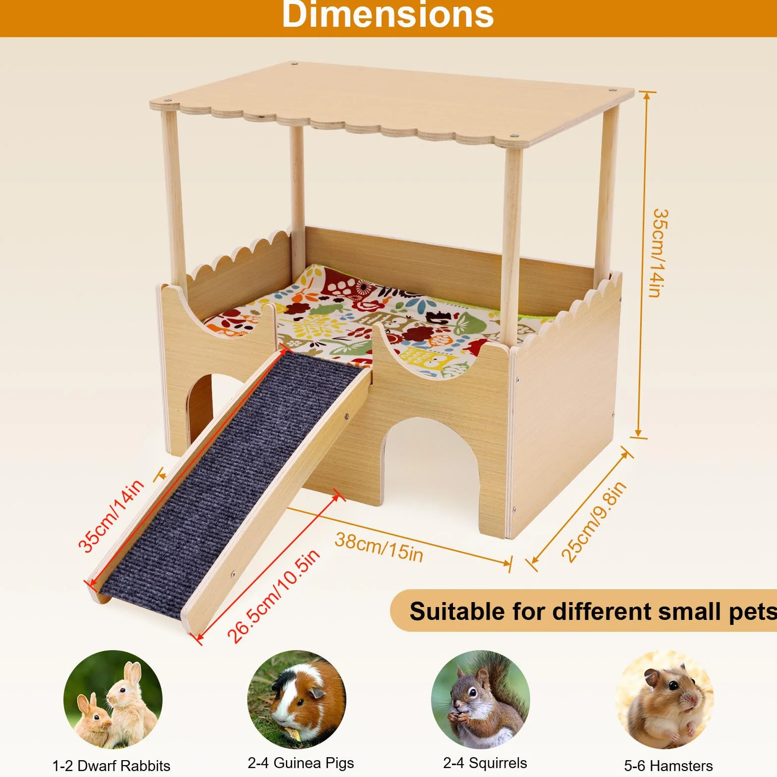 Casa para Cobaya con Rampa, Juguete para Cobayas Accesorios, Hábitats de Animales Pequeños, Madera Casita para Conejo para Jerbos Degus Ratones Espinosos, 38 x 35,5