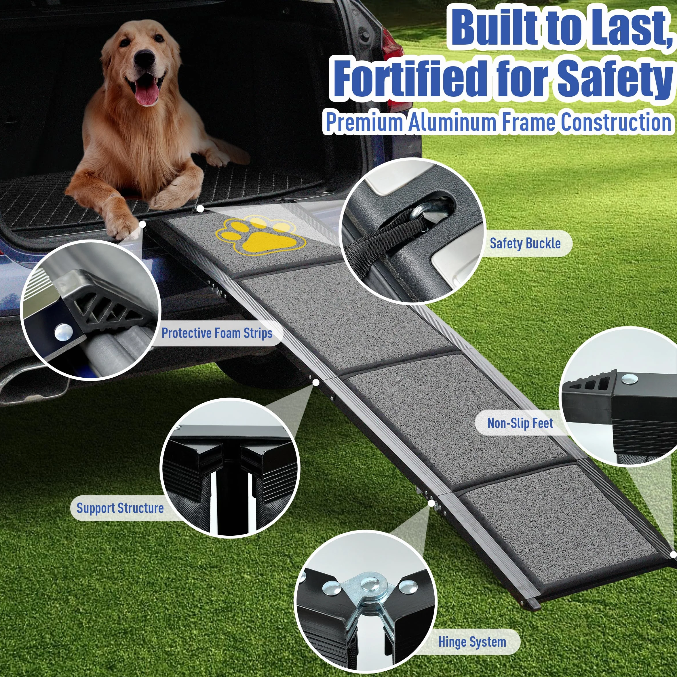 BACOENG 180cm Rampa para Perros Coche Plegable, Rampa para Perros portátil para Perros Grandes con Alfombra Antideslizante, Disponible para camión, Coche, SUV, Soporta hasta 110 KG