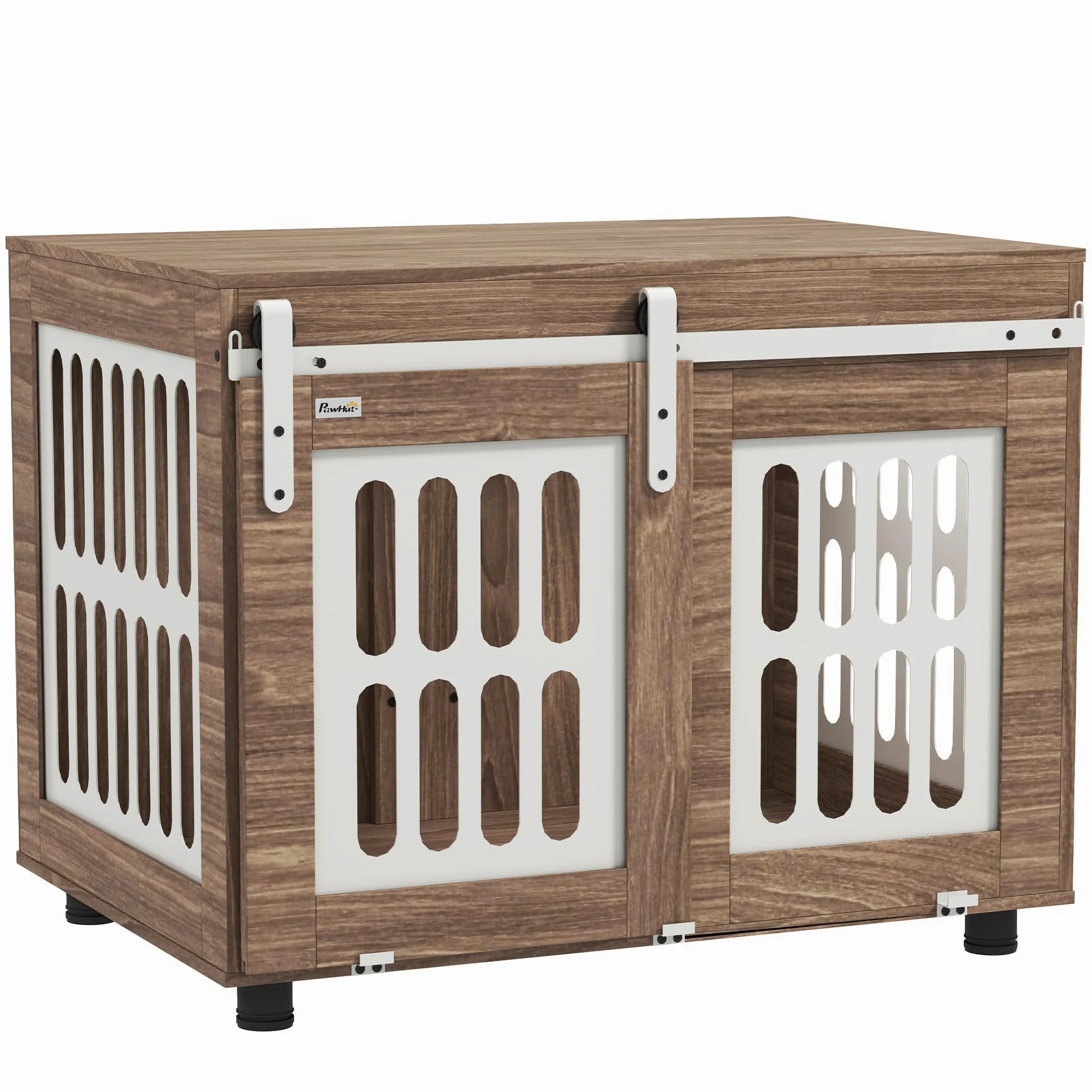 PawHut Jaula para Perros con Puerta corredera, caseta para Perros de tamaño Mediano, Buena ventilación, Mesa Lateral con Patas Ajustables, 80 x 59 x 63 cm, Nogal