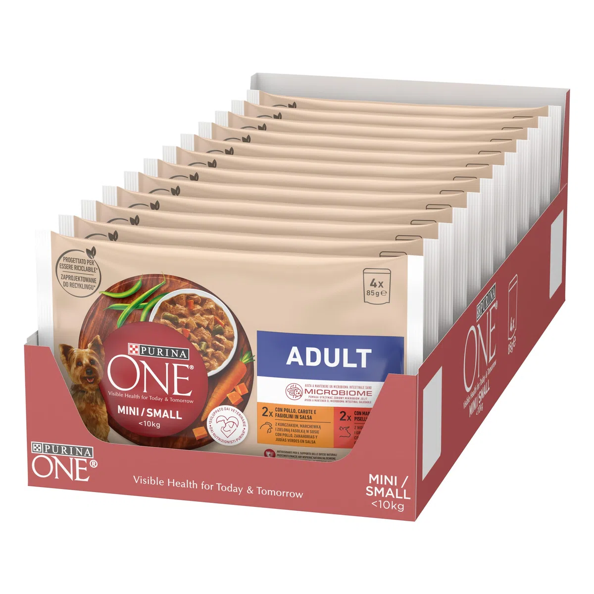 Purina ONE Mini <10kg Comida húmeda para Perro pequeño Adulto con Pollo y Buey, 12 packs de 4 sobres de 85g - 48 sobres