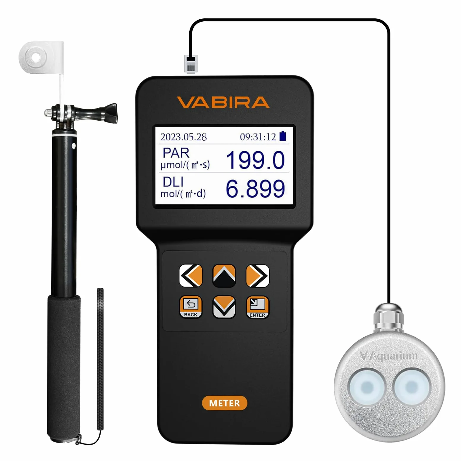 VBR-AQUA IP68 Medidor PAR para acuario, arrecife.R, G, B PAR por separado.Con una varilla telescópica de 3 pies