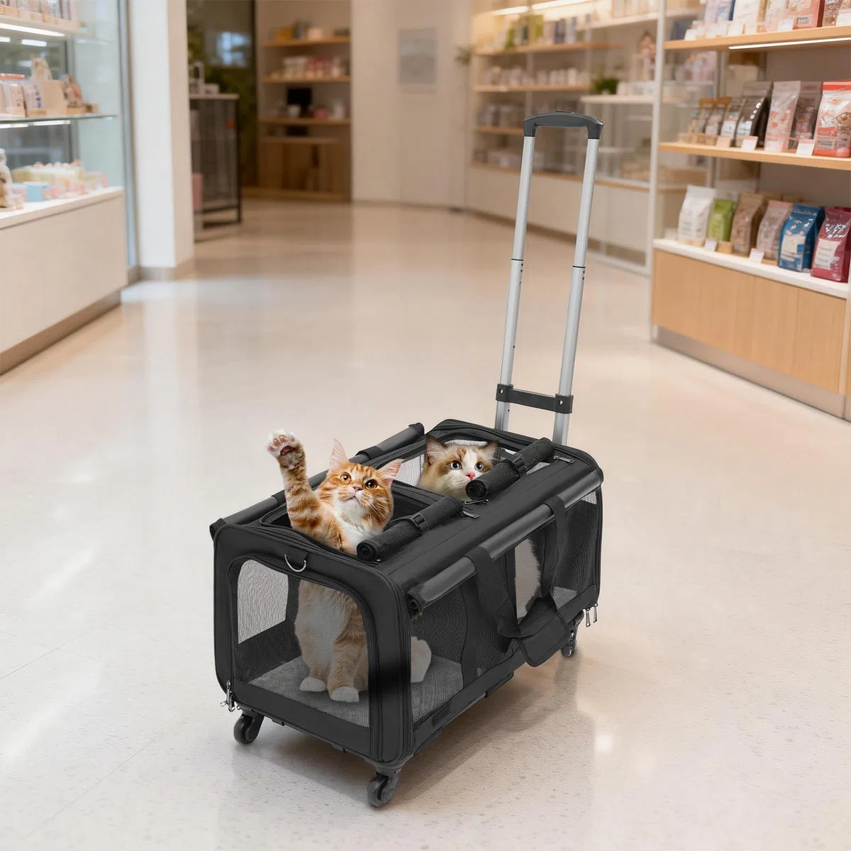 Transportín para mascotas con dos compartimentos y ruedas para gato/perro, caja de transporte extraíble para gatos con asa telescópica para 2 gatos/perros, hasta 17,5 kg, para viajes, senderismo