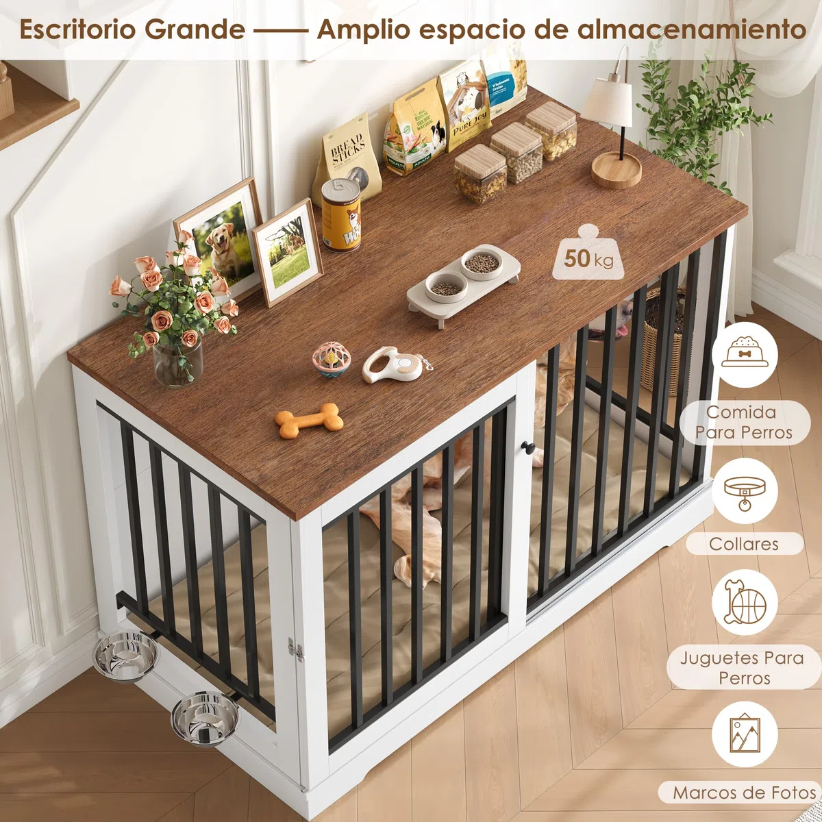 FirFurd 120cm Jaula para Perros,Mesa Auxiliar con Puerta corredera, Jaula Perro Grande para Casa de Madera,para Animales Acero para Perros Medianos y Grandes 120 x 90 x 60 cm (Blanco+Marrón)