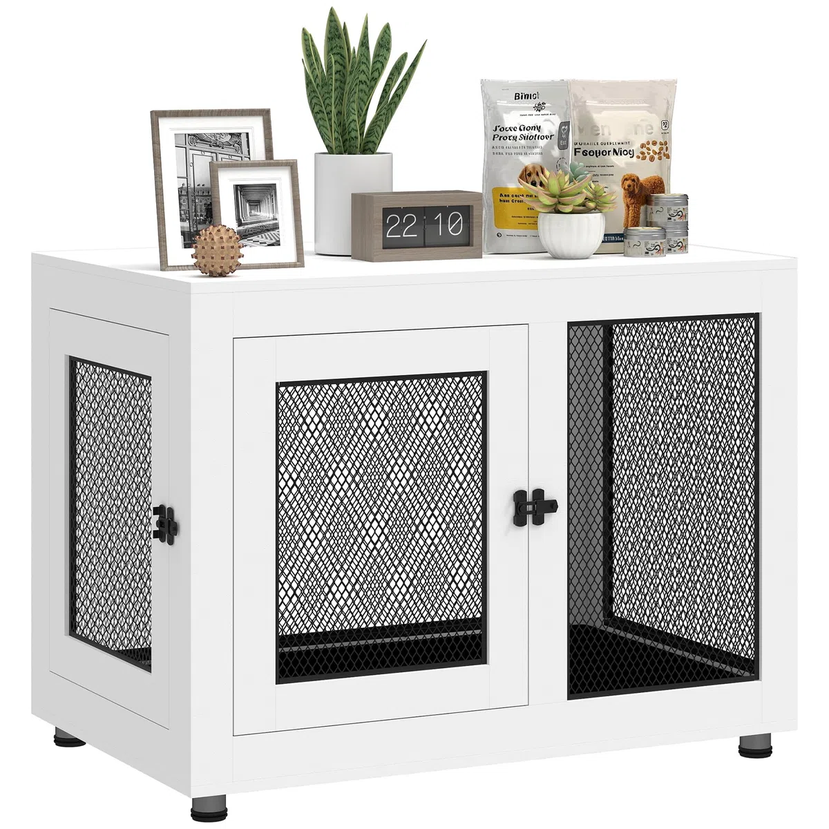 PawHut Jaula para Perros Grandes Estilo Mueble Casa para Perros 94x60x71,5 cm Mesa Auxiliar con 2 Puertas de Pestillo Cojín de Tela Oxford y Rejillas de Acero Blanco