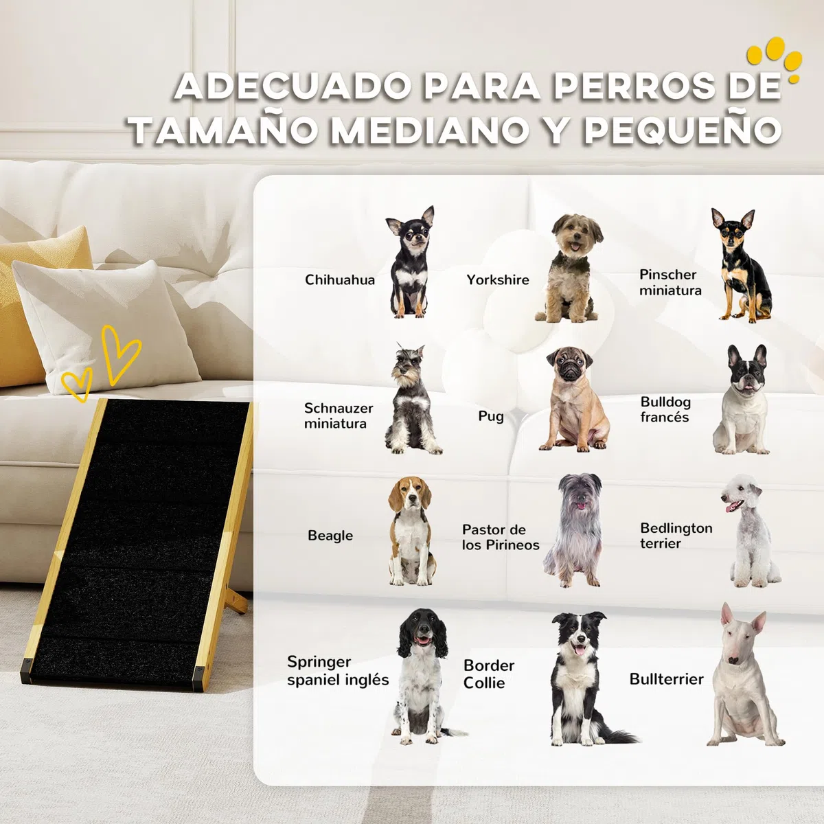 PawHut Rampa para Perros Plegable Rampa para Mascotas de Madera con Altura Ajustable en 4 Niveles para Perros Pequeños y Medianos 83,5x35x47,5 cm Natural
