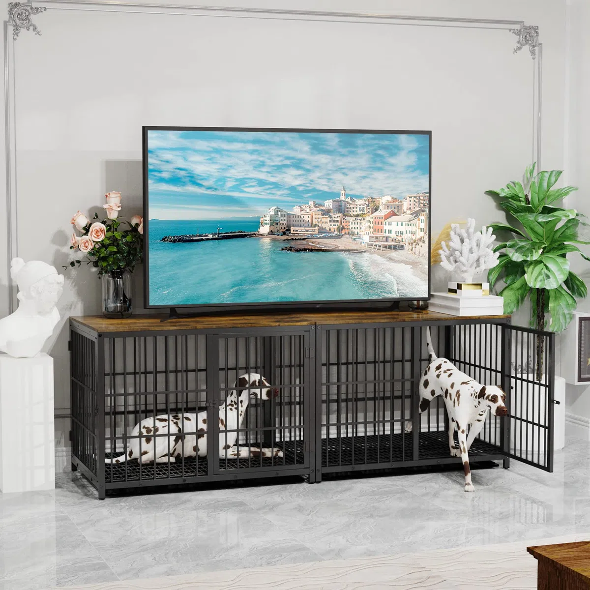 Bingopaw Jaula Perro Mediano Grande Mueble 107.4x71.4x81 cm con Hierro Fuerte Anticorrosivo y Superficie de Mesa Jaula Perros Madera con Cuerpo Conectable Dog Crate Medium Large (Negro, XL)