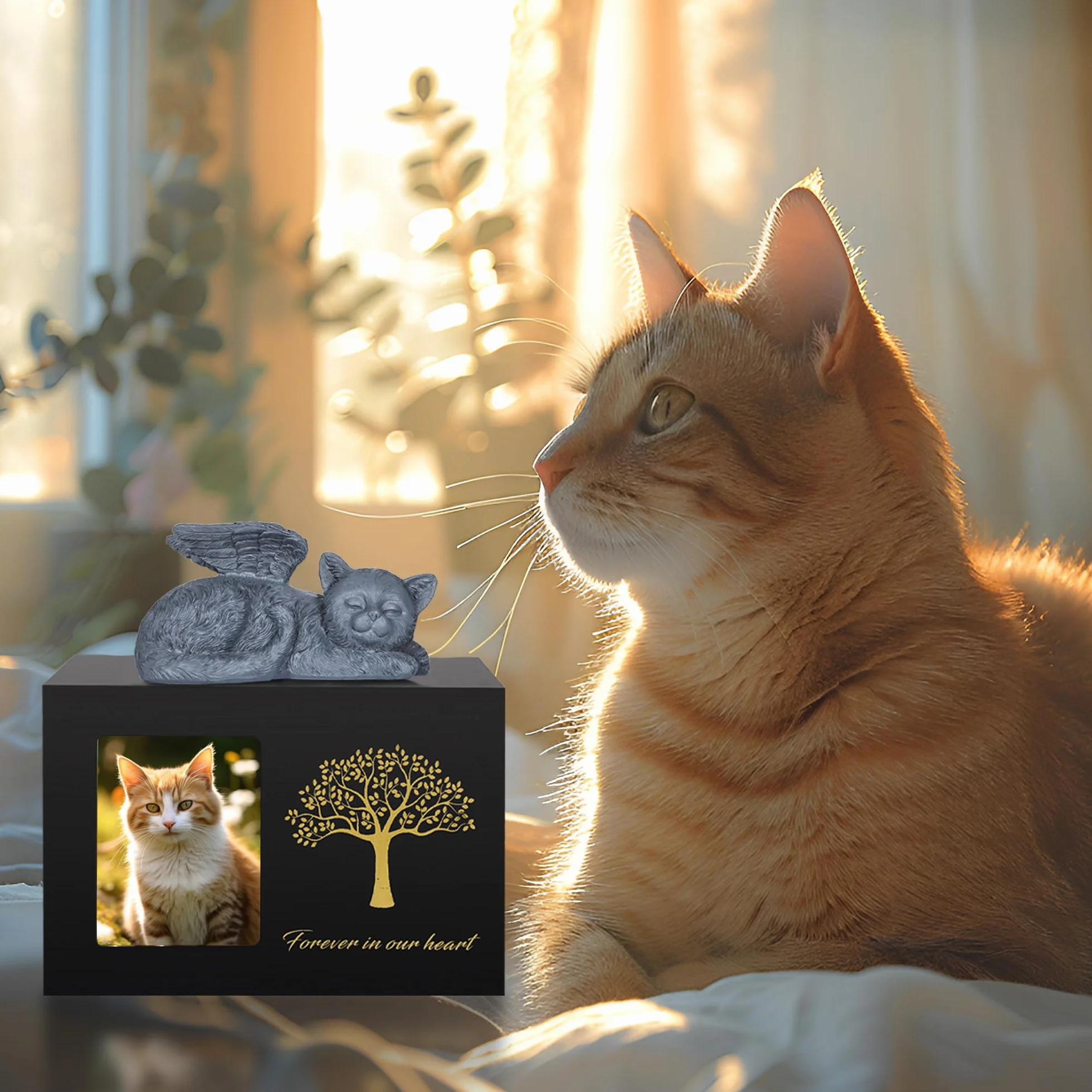 Urnas para gatos - Caja de cremación - Urna negra de madera con estatua de gato y bolsa de terciopelo