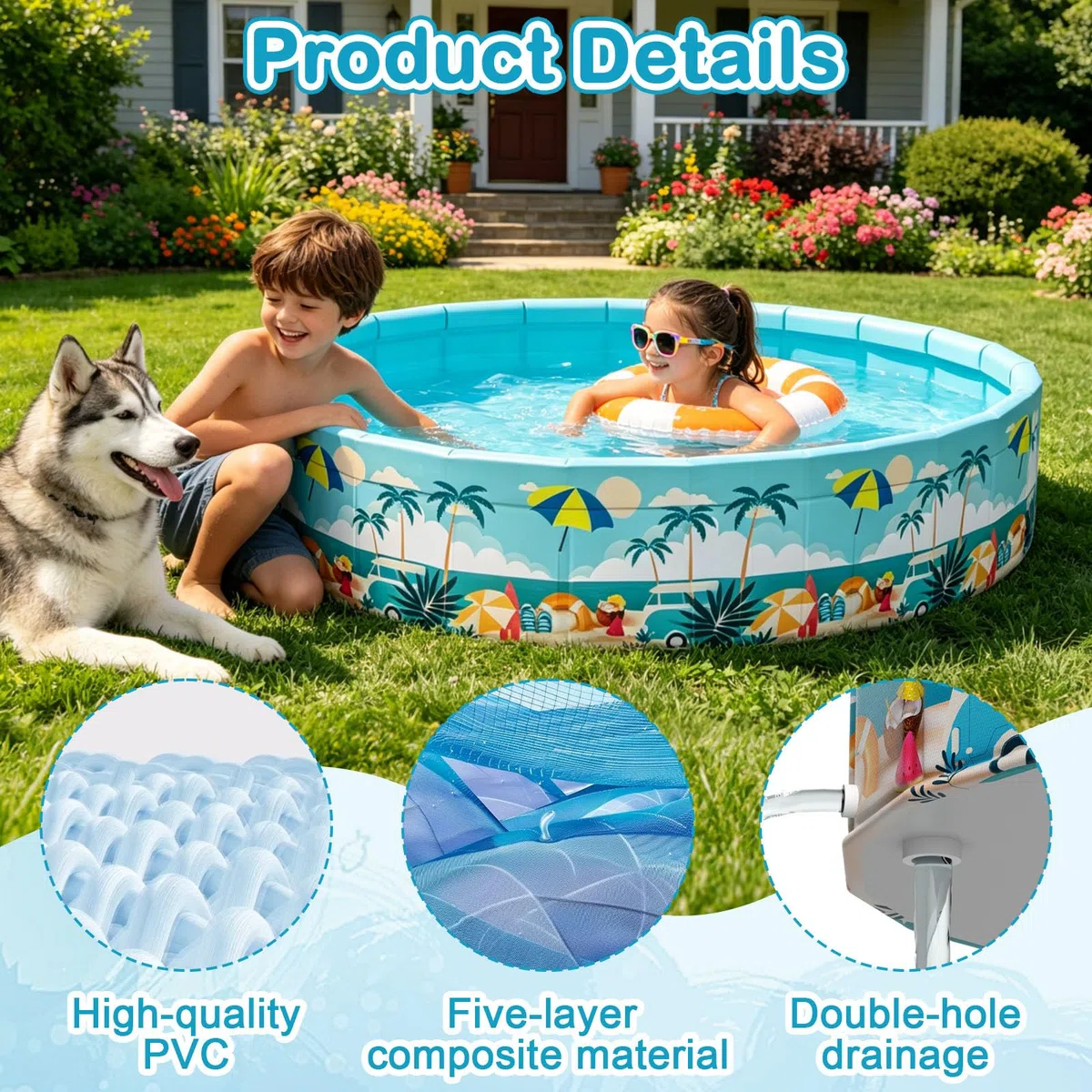 Piscina Portátil de PVC, 90x90x45CM,Bañera Plegable, Base Antideslizante, No Requiere Inflado, Drenaje Rápido, Apto para Jardines, Dormitorios y Patios