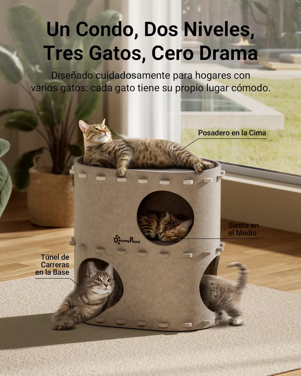 DownyPaws Cama para Gatos de Felpa, 2 Pisos Casa Gato 50x33x50 cm, Castillo de Juego, Diseño Acogedor, Protector de Uñas, Beige