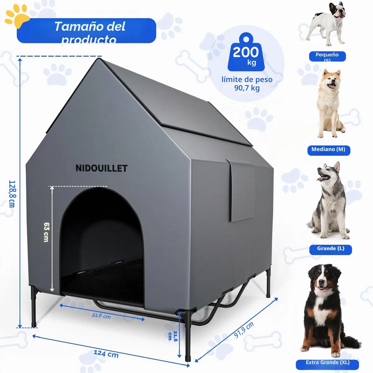 casa de Perro para Raza Grande 122CM al Aire Libre o en Interiores, Resistente a la Intemperie 600D PVC casa Grande Cachorro, Transpirable 2x1 Textilene Tela elevada Cama de Perro