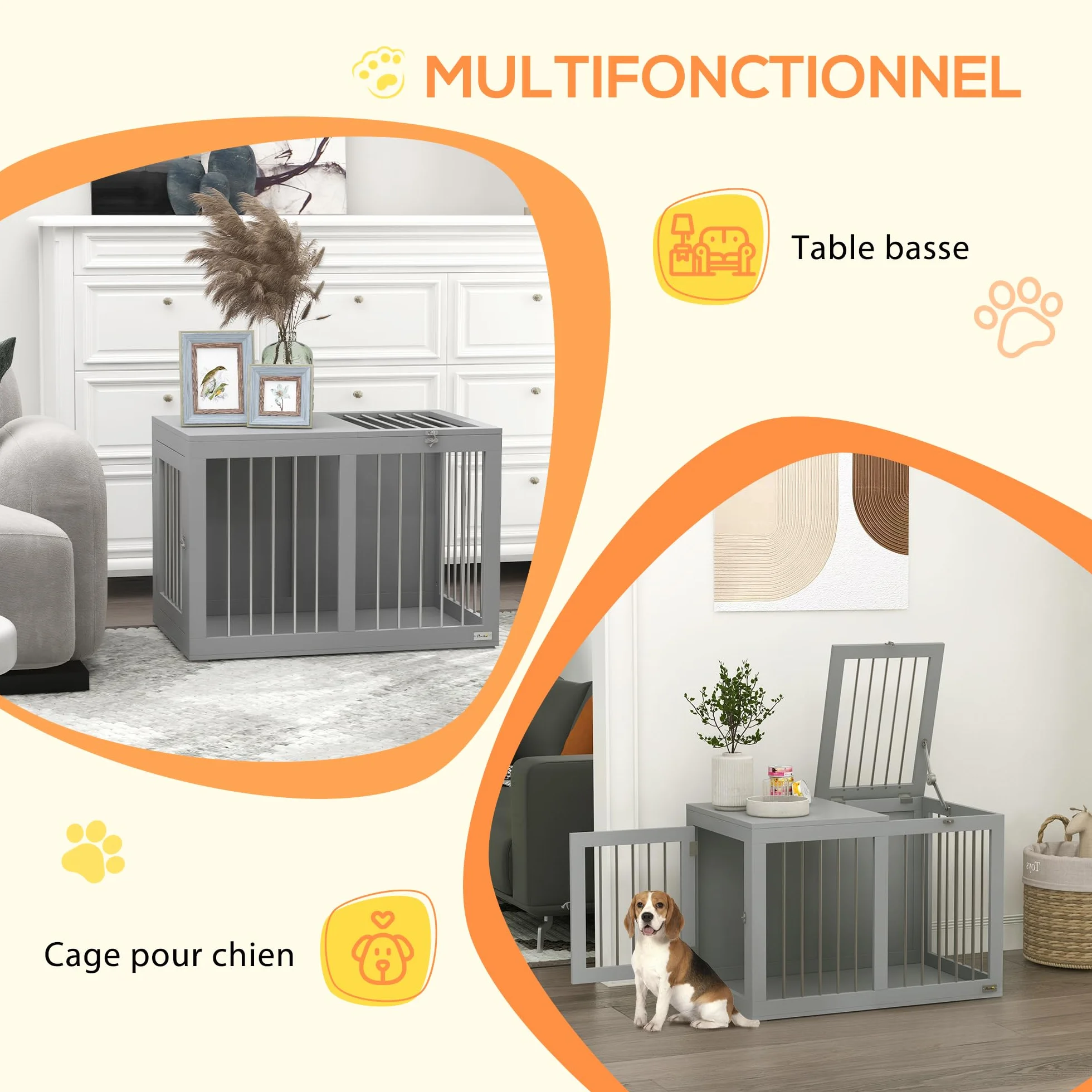 PawHut Caseta de interior para perros caseta para perros 2 puertas con cerradura buena ventilación mesa lateral 80 x 50 x 56,5 cm gris