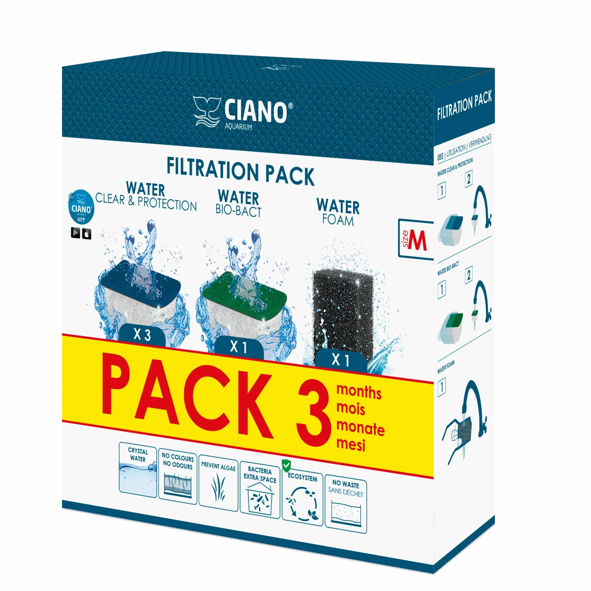 CIANO, Acuario Consumibles - Cartuchos de Filtro de Repuesto para Filtro de Acuario, Paquete de 3 Meses, Talla M, Agua cristalina para Peces, sin impurezas y sin olores, Limpieza eficaz