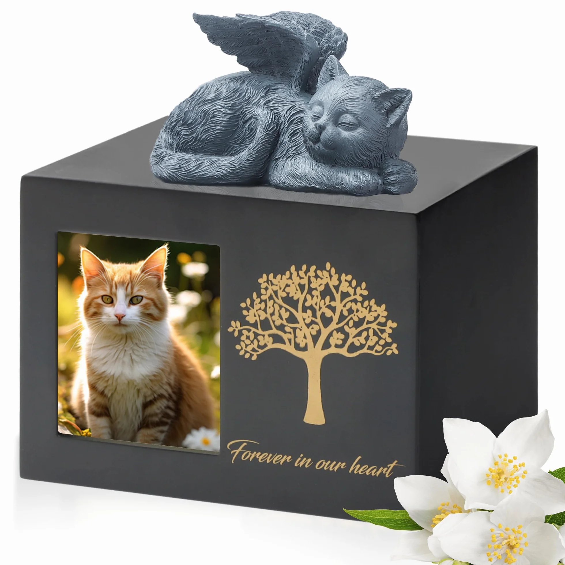 Urnas para gatos - Caja de cremación - Urna negra de madera con estatua de gato y bolsa de terciopelo