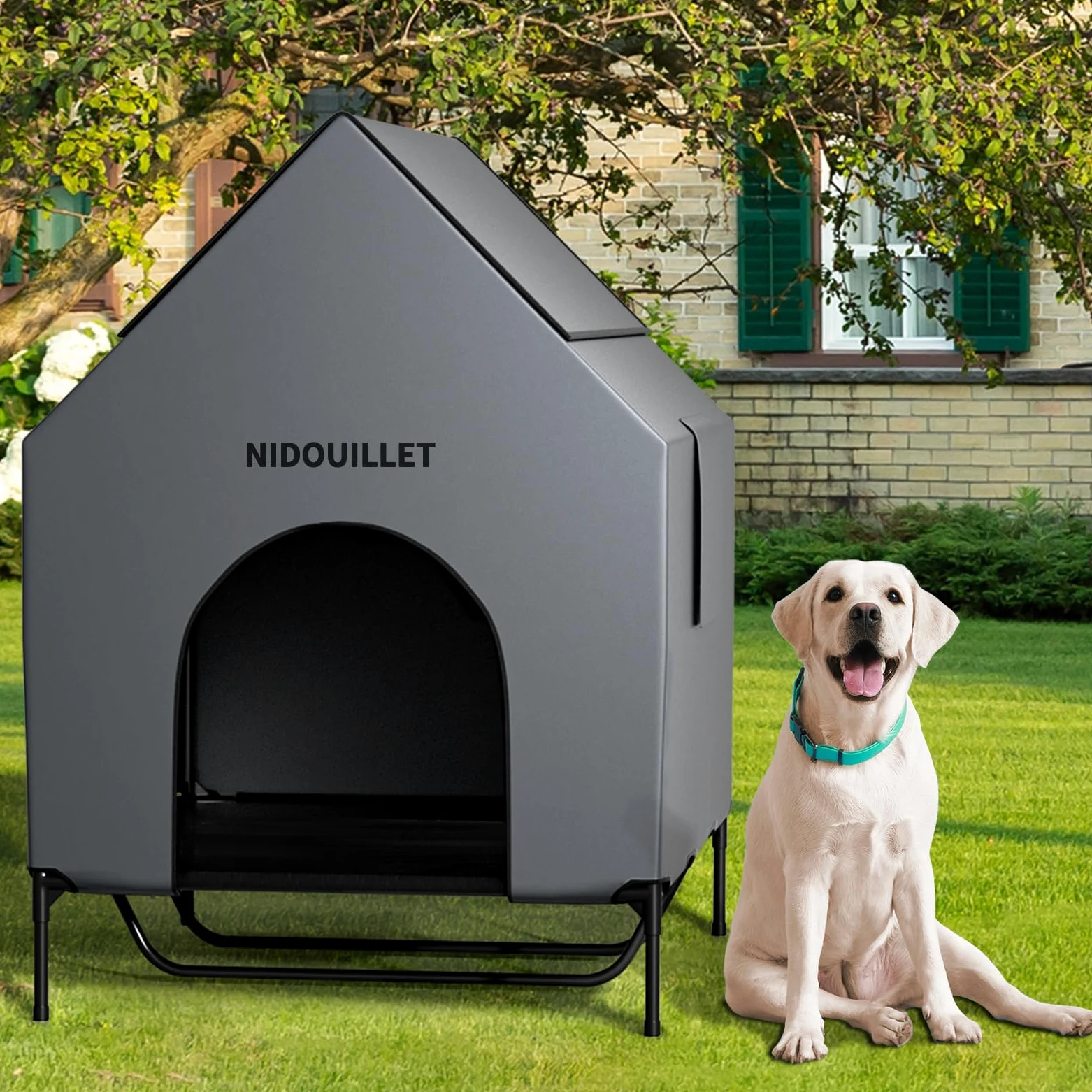 casa de Perro para Raza Grande 122CM al Aire Libre o en Interiores, Resistente a la Intemperie 600D PVC casa Grande Cachorro, Transpirable 2x1 Textilene Tela elevada Cama de Perro