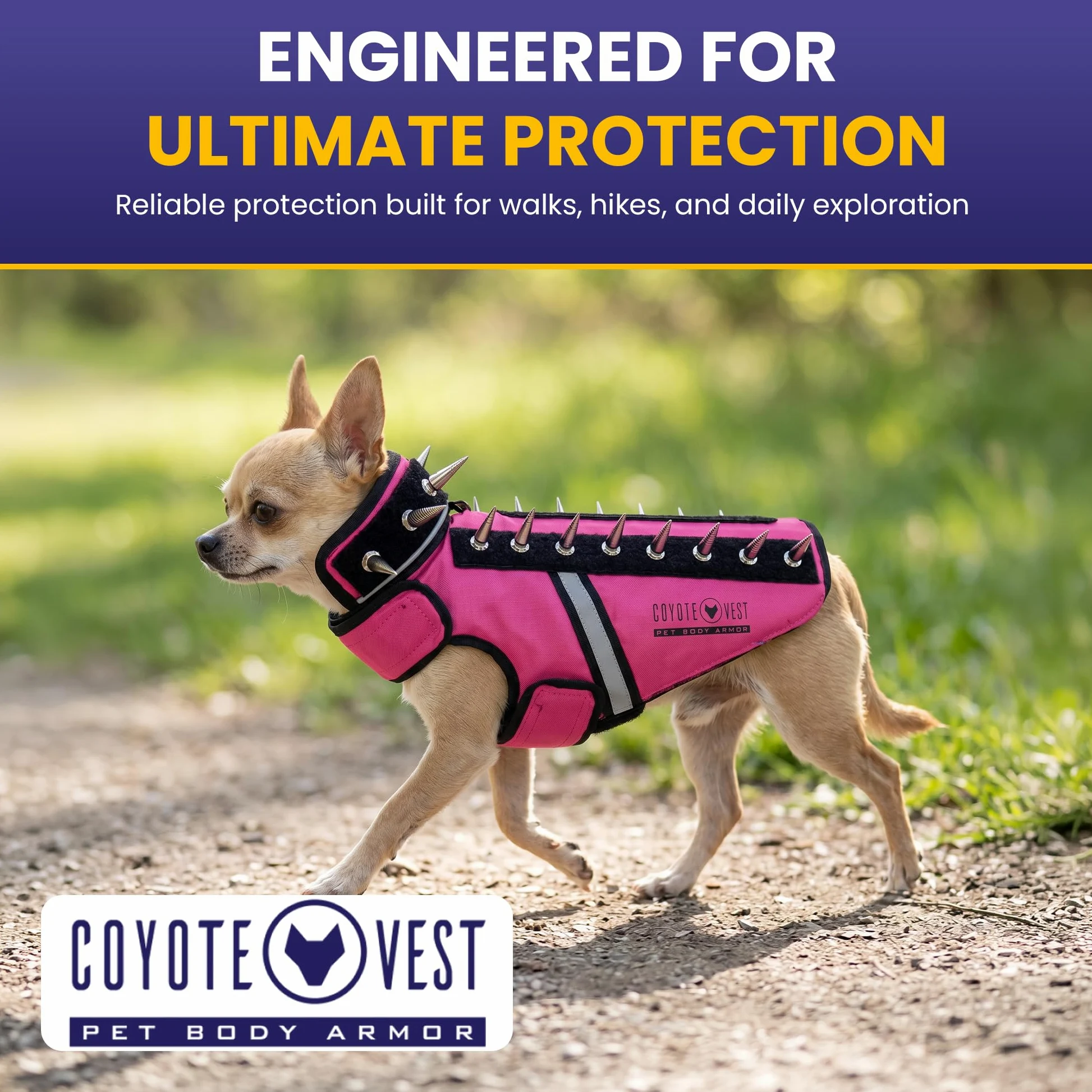 CoyoteVest SpikeVest - Arnés para Perros pequeños, Chaleco Reflectante con Pinchos para protegerlos de halcones, Coyotes, Rapaces y ataques de Animales, Fabricado en EE. UU., Rosa, XXS