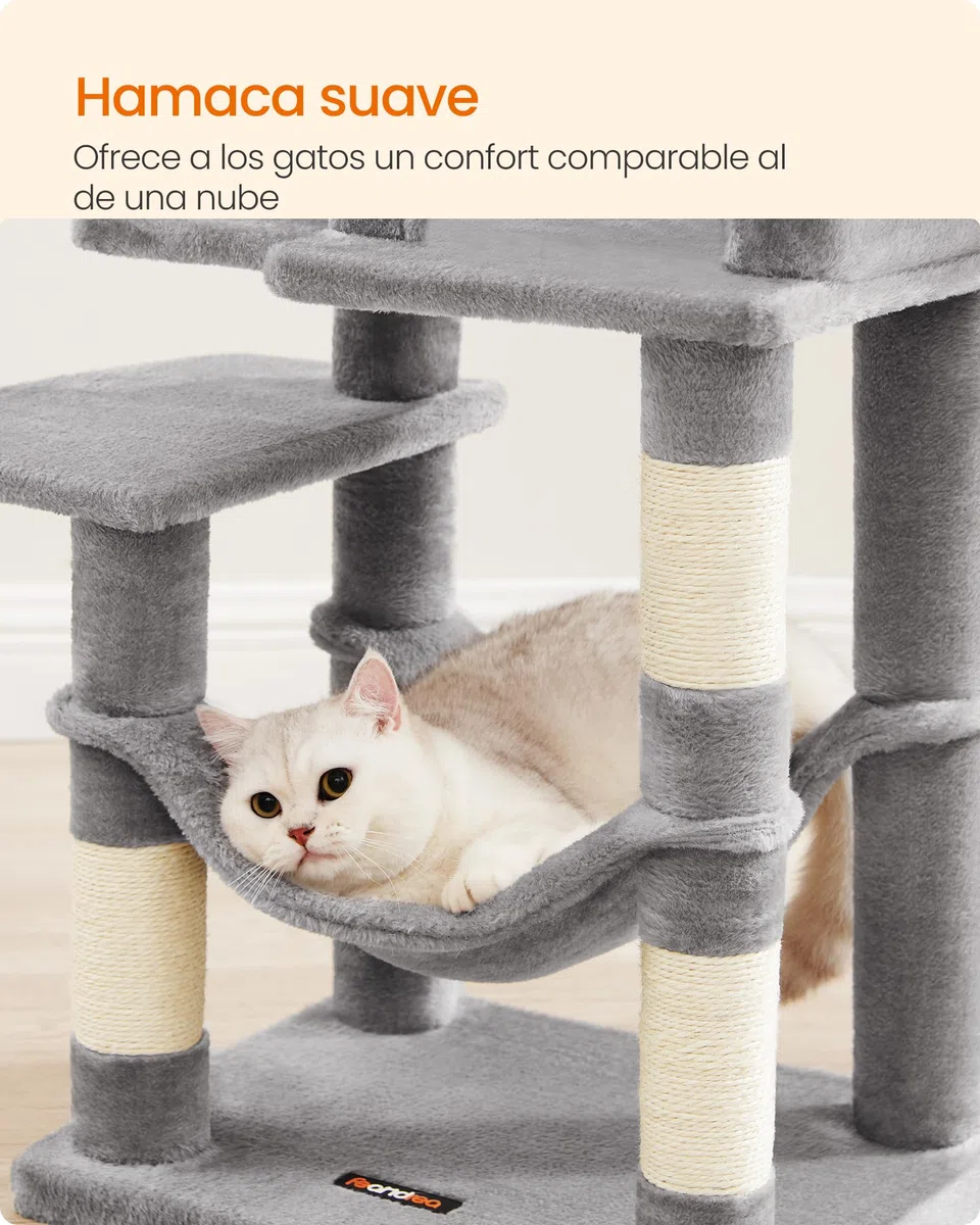 Feandrea Árbol para Gatos, Altura 112 cm, Torre de Gatos, con 4 Postes Rascadores, 2 Plataformas, 1 Cueva, 1 Hamaca, 2 Pompones, Tela de Felpa, Multinivel, Gris Claro PCT261W01
