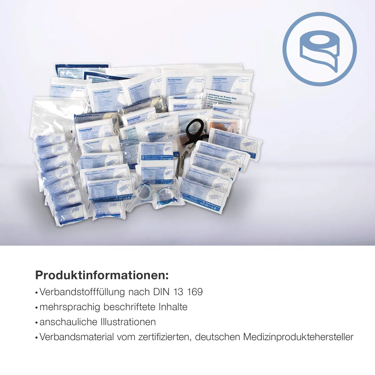 ACTIOMEDIC Recarga de primeros auxilios según DIN 13169:2021, kit de recarga para botiquín y armario de primeros auxilios con letras multilingües I Equipo médico de emergencia Neutral