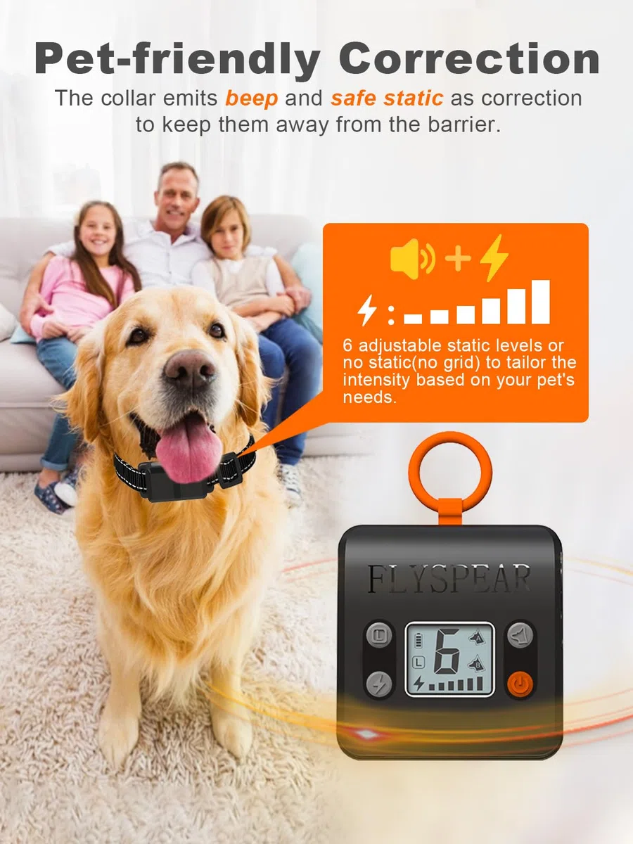FLYSPEAR Barrera inalámbrica para mascotas, barrera recargable para interiores con 6 radios de rango ajustables de hasta 7 pies, 6 intensidades estáticas seguras ajustables, valla eléctrica para