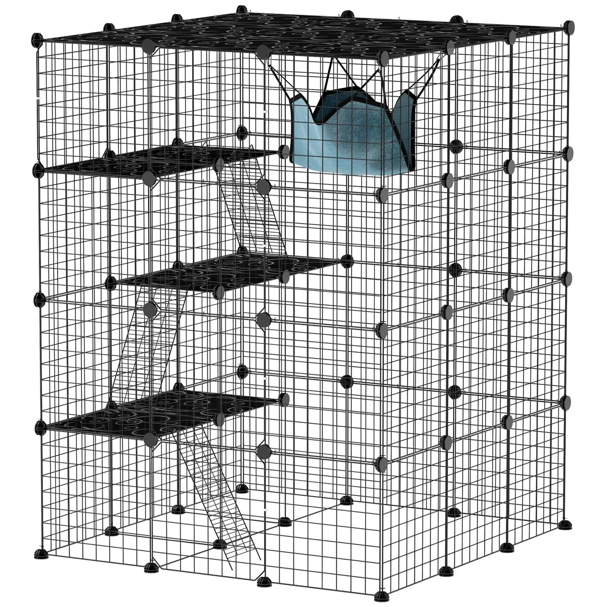 PawHut Jaula Grande para Gatos Interior de 4 Niveles con 5 Puertas, 3 Plataformas de Salto y 3 Rampas, Hamaca, Recinto y Parque para Mascotas, 105x105x140 cm, Negro