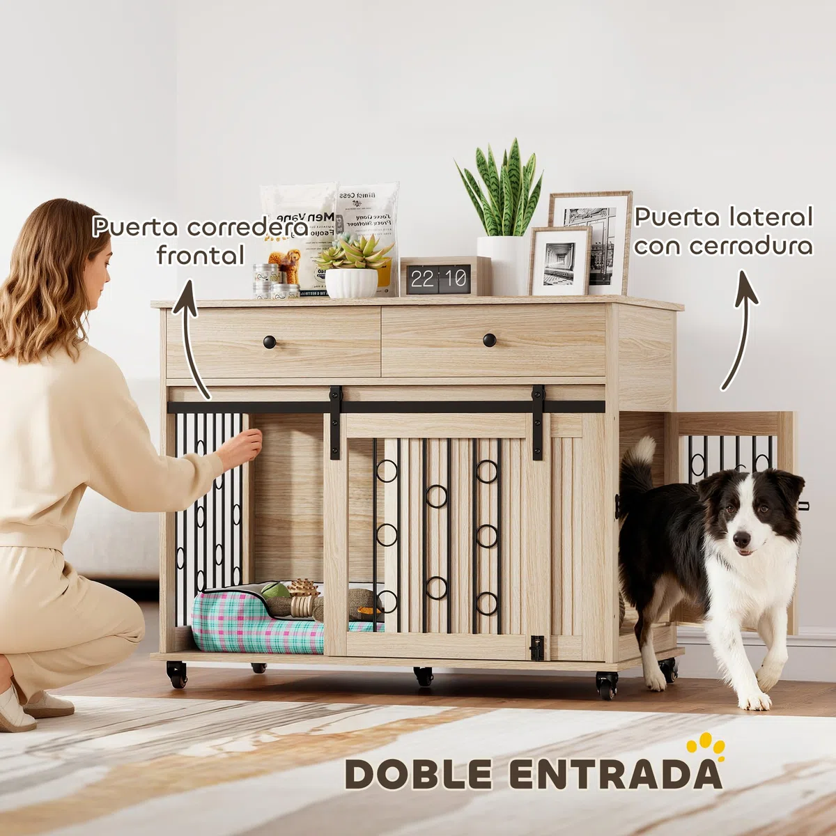 PawHut Jaula para Perros con Ruedas, Mesa Auxiliar, Casa para Mascotas Moderna con 2 Cajones, 2 Puertas y Cierre, para Perros Medianos y Grandes, 100x56x81 cm, Roble