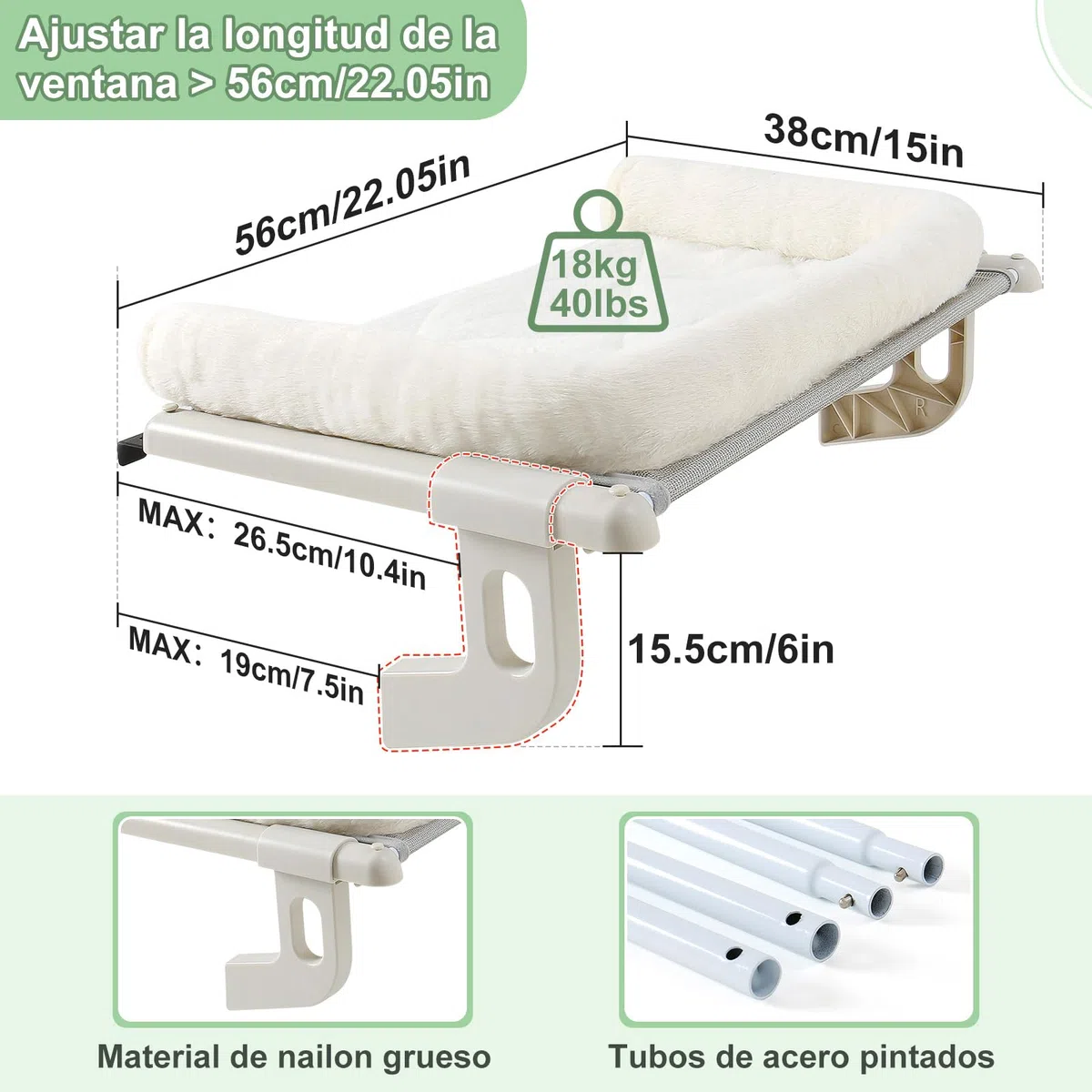 GUUSII HOME Hamaca Cama Gato Ventana para Amaca Camita Gatos Colgante de Interior Grande Ajustable Fácil de Montar y Mover Durable Sin Taladro Sin Succión 56 * 38cm Soporta hasta 18kg(Blanco,S)