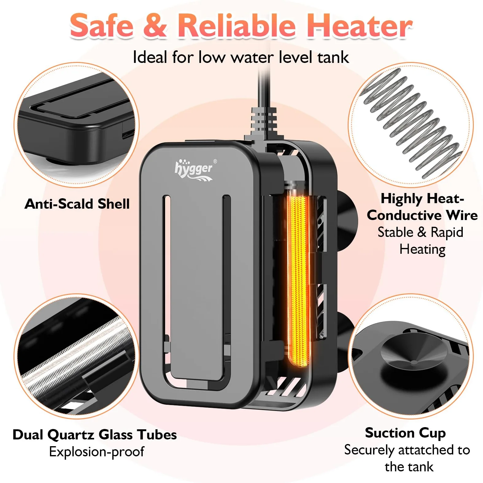 Hygger Calentador de Tanque de Peces, Calentador de Acuario para Tanques de Tortugas, 15-34 ℃, Calentadores de Tanque de Peces Tropicales, Calentador con Controlador, 200W, 95-132L