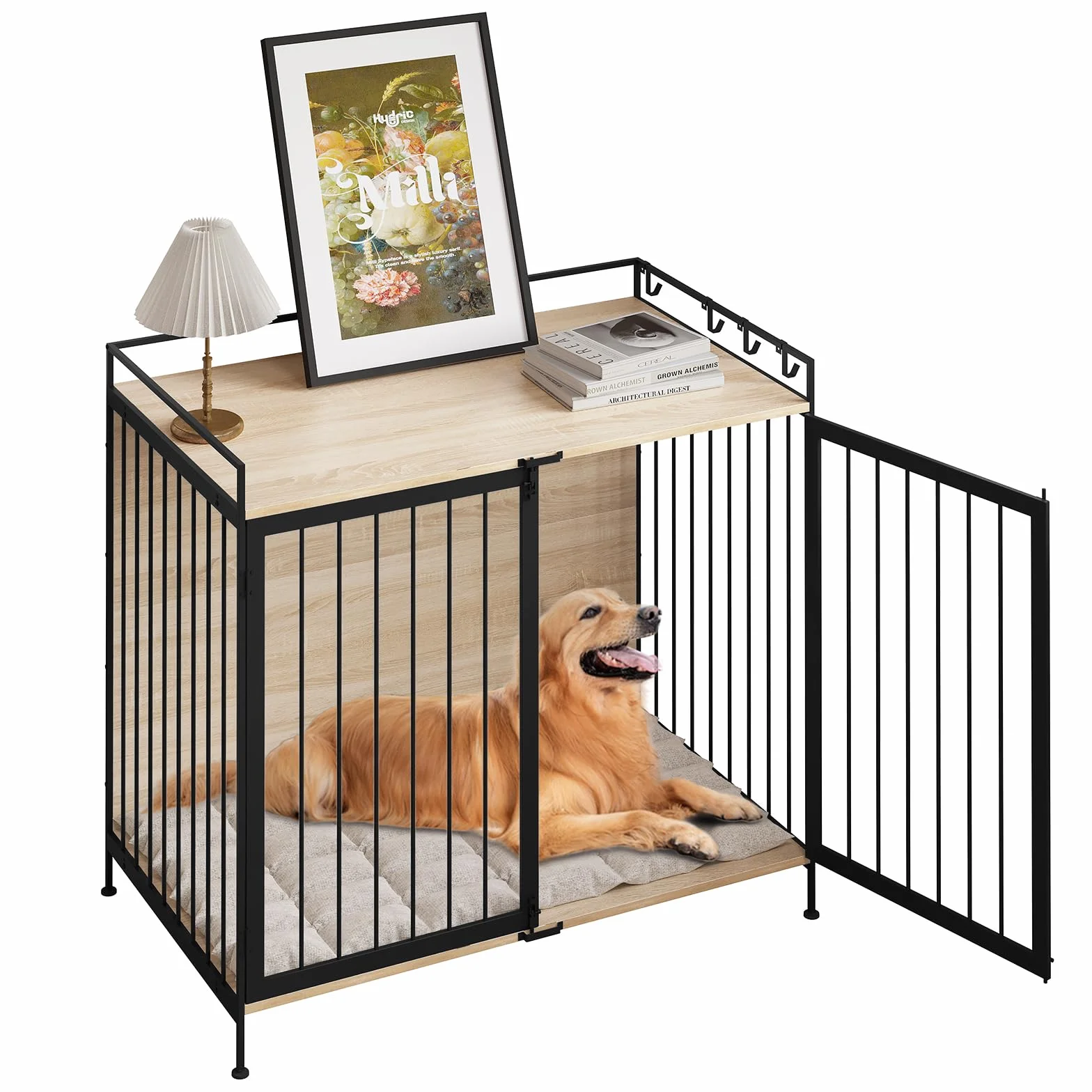 EUGAD Jaula para Perros, Casa Perro Interior con 2 Puertas, Caseta para Perros Grandes Medianos y Pequeños,104x92x60cm, Capacidad de Carga 50KG,Barras de Metal Resistentes, Mesa Auxiliar Salon