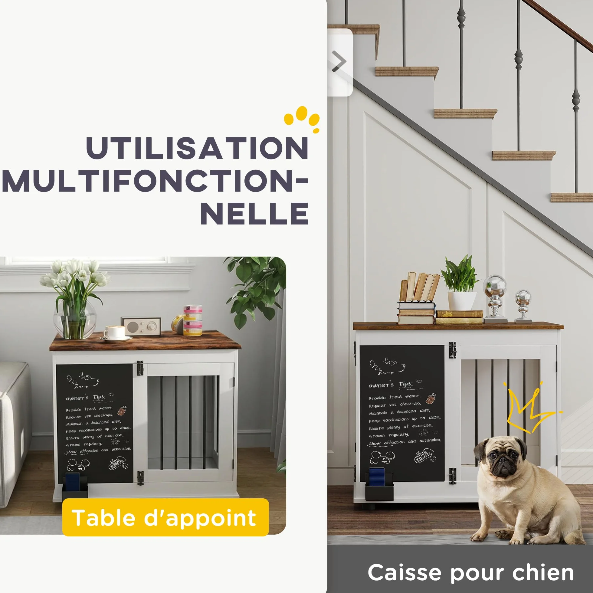 PawHut Jaula para Perros, Jaula para Perros de Interior, con 3 Puertas, Pizarra, Doble función, para Perros medianos de hasta 20 kg, 80 x 60 x 70 cm, Blanco