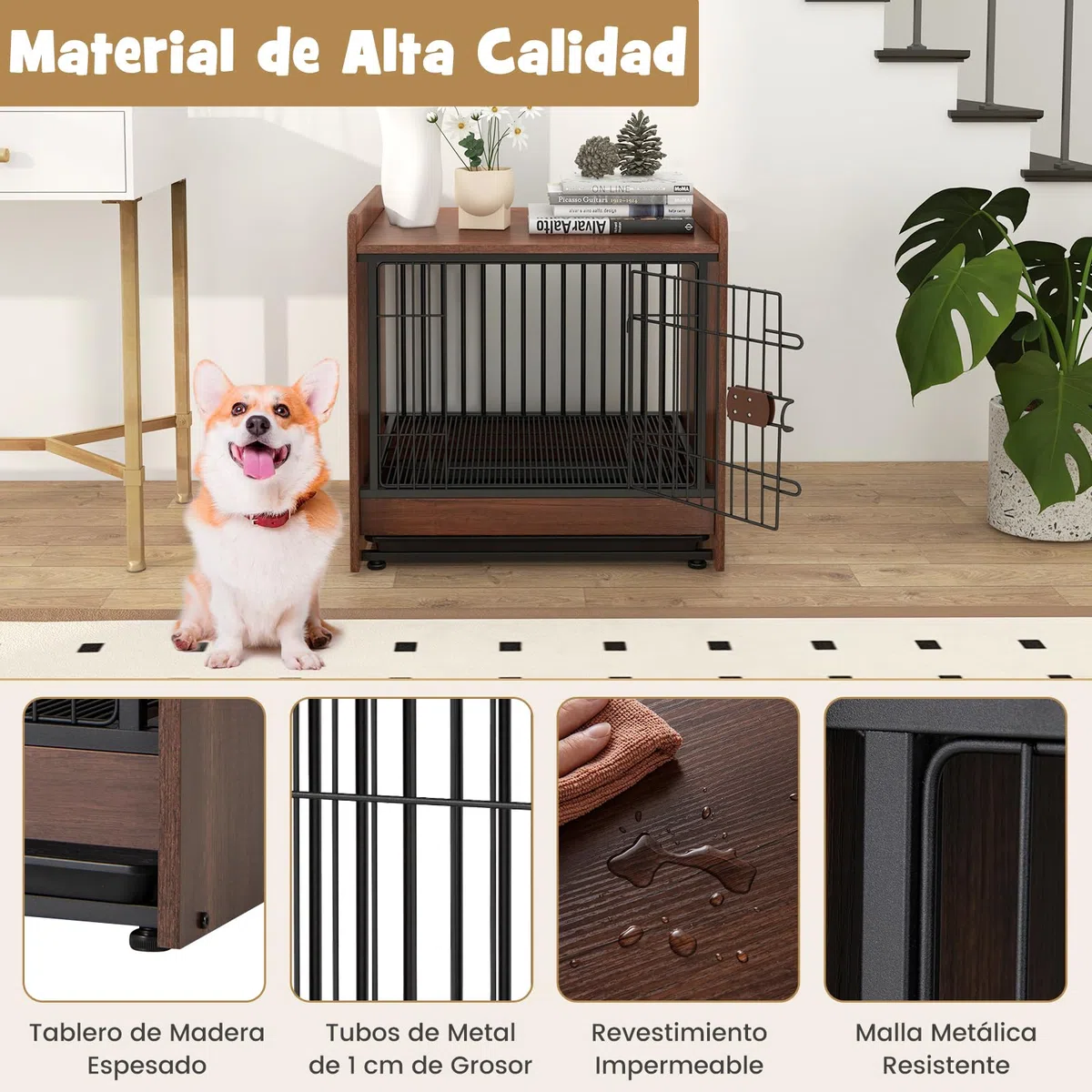 GOPLUS Mueble Jaula para Perros, Jaula para Perros de Interior con Cerradura y Bandeja Extraíble, Mesa Auxiliar Resistente para Perros, Caja para Cachorros y Perros de Tamaño Pequeño y Mediano
