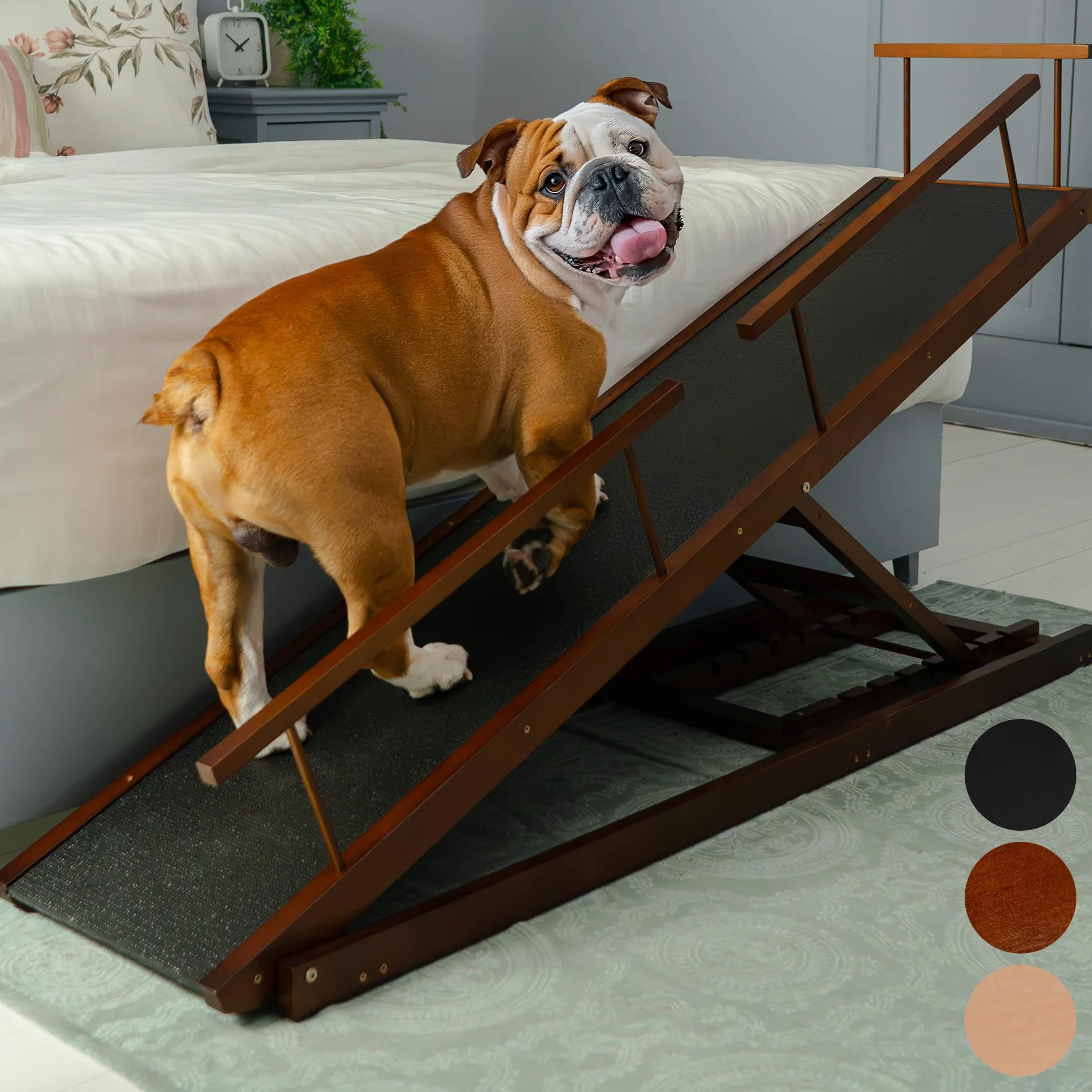 Rampa para Perros para Cama con Rieles de Seguridad PRIORPET - Madera de Abedul - Ajustable - para Camas Altas de hasta 94.5 cm - Plegable - Agarre Antideslizante - para Perros de hasta 23kg - Nuez