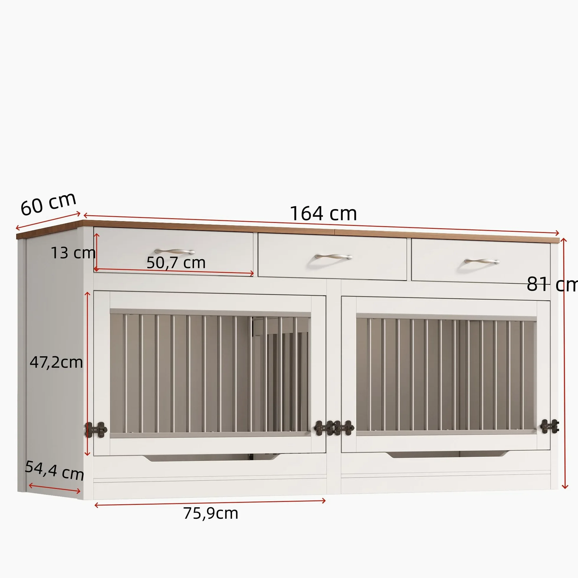 Jaula para perros XXL, muebles de madera y metal, jaula para perros, con 3 cajones y 2 puertas, caseta interior para perros, caseta para el hogar, tapa abatible, divisor extraíble (blanco + aspecto de