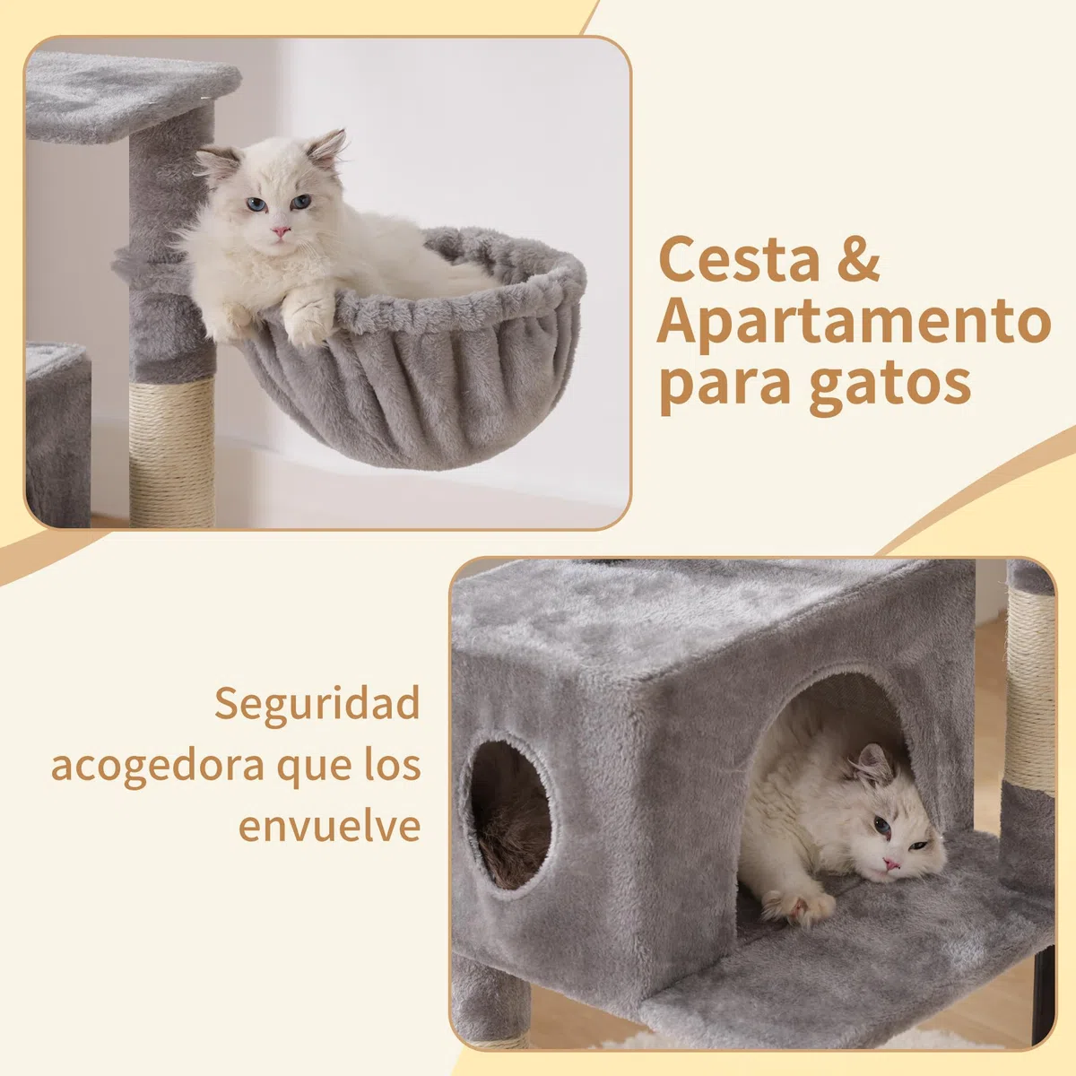 Heybly Rascador para Gatos, Árbol para Gatos De 125 Cm, Torre De Gato Espaciosa Y Cómoda con Guarida, Dos Grandes Plataformas, Cesta, Robustos Tubos De Acero, Gris Claro HCT200SW-
