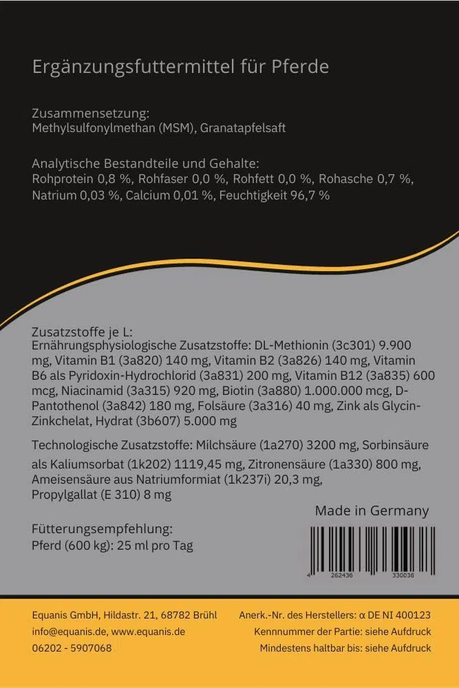 Equanis BiotinBooster | 1 l | Complemento alimenticio para caballos | Para apoyar el pelaje, la piel y las pezuñas | Podría promover la producción normal de cuerno | Nutrientes seleccionados