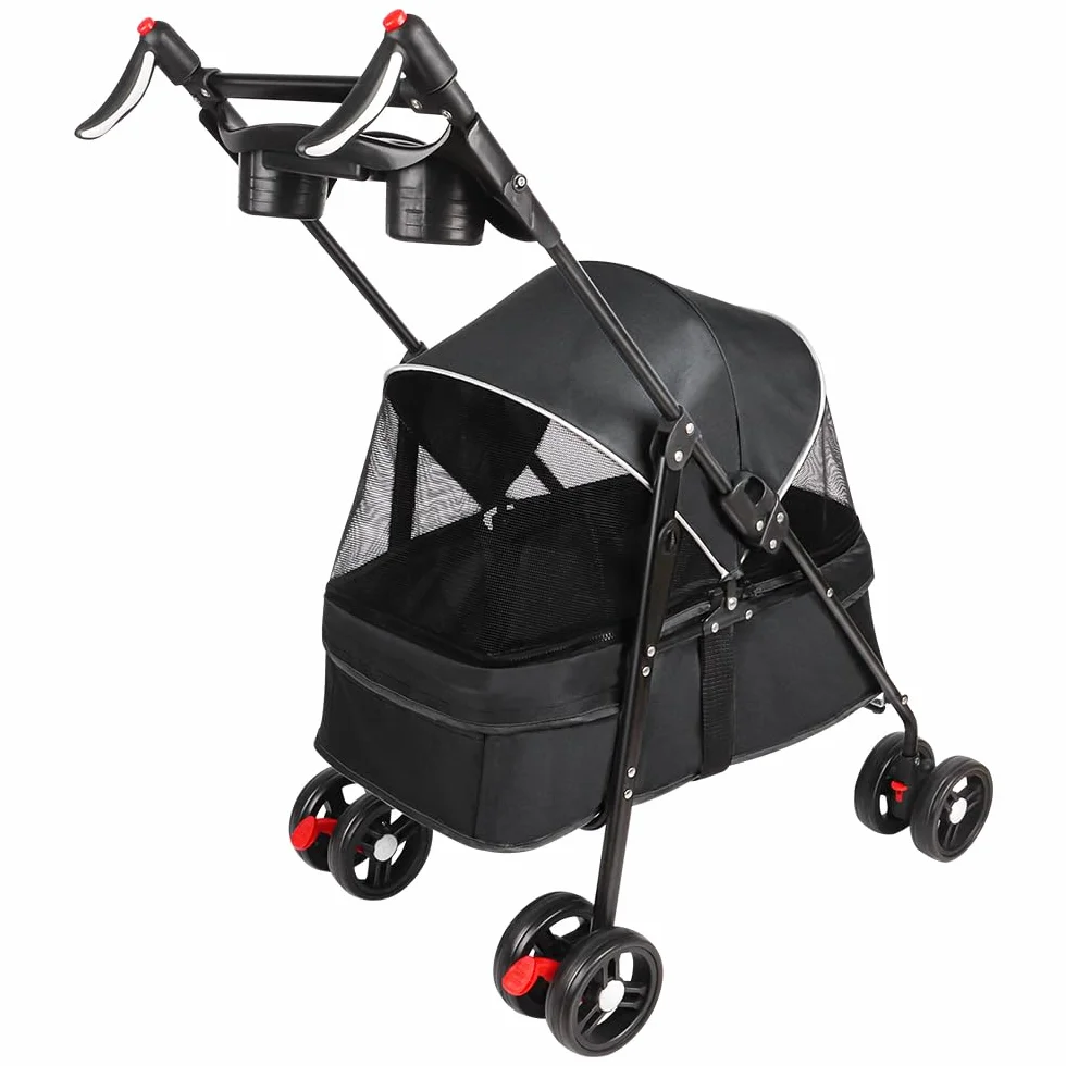 Cochecito de viaje para perros, 25 kg, con bolsa de almacenamiento y cubierta para la lluvia, cochecito Buggy para perros con portavasos, 50 x 70 x 95 cm, color negro