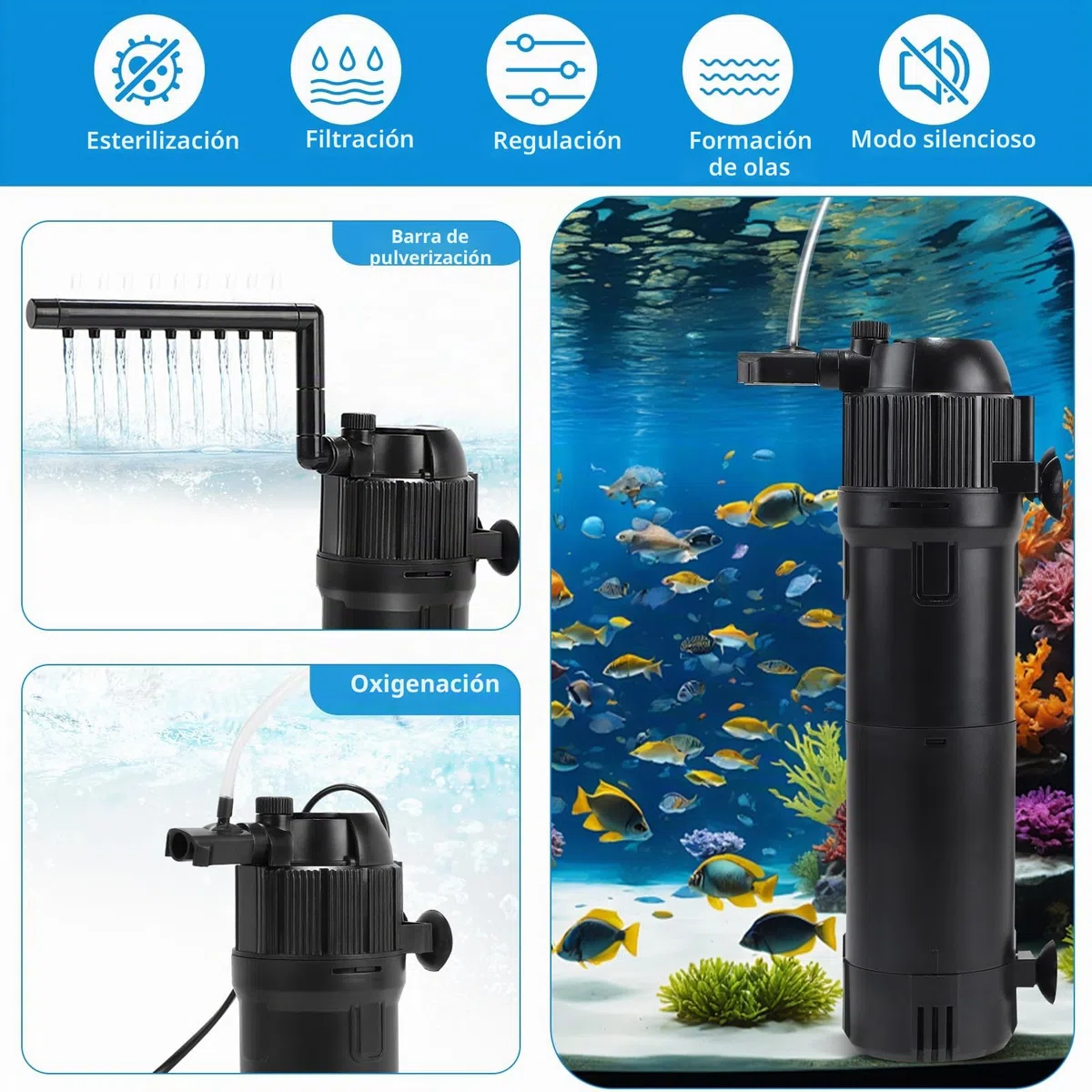 DBREAKS 5 en 1 Filtro Acuario Interno 650 L/h 6W con Lámpara UVC 8W y Temporizador, Filtro Pecera Ajustable para Acuarios 100-300 litros, Filtro Tortugas de Agua con Lampara UV