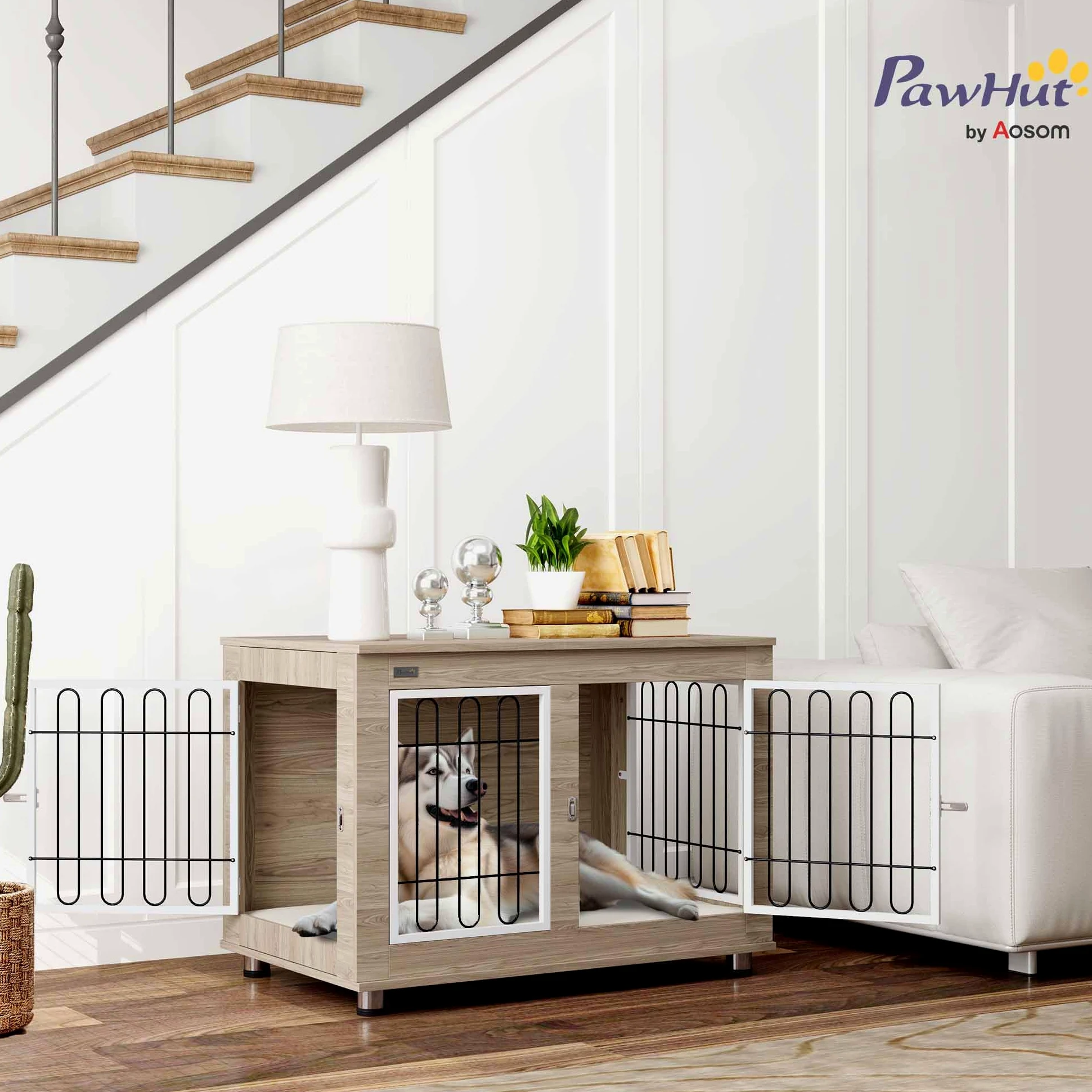 PawHut - Jaula para perro, mueble de jaula para perro, interior, mesa auxiliar multiusos con doble puerta y cojín, para perro, tamaño mediano y grande, 90 x 58 x 65 cm, aspecto nogal