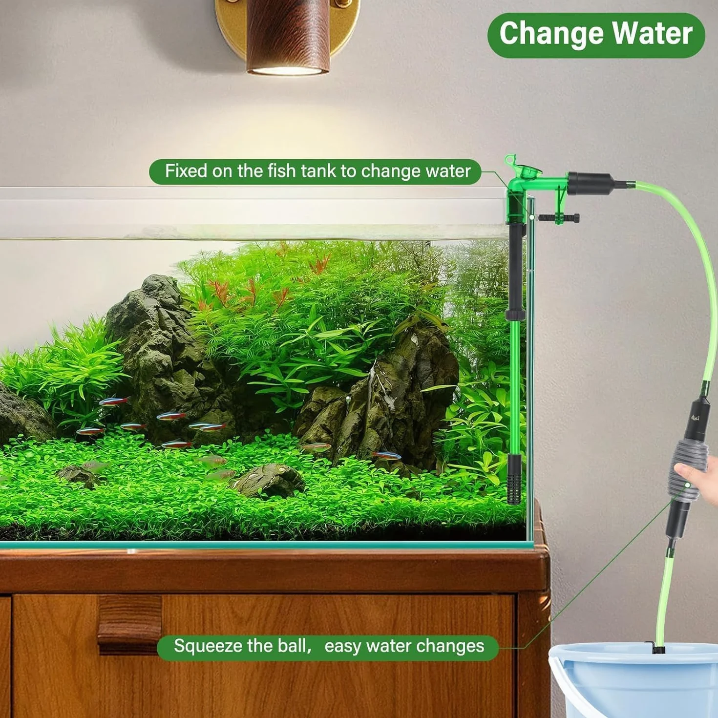 AQQA Limpiador de sifón para acuario, limpiador de fondo, 3 en 1, con tubo de extensión retráctil y fijación al acuario, cambio manual de agua y limpieza de arena