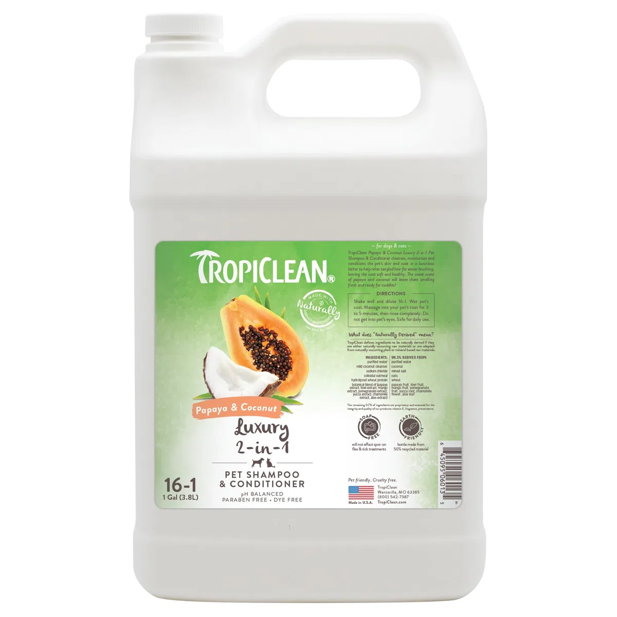 TropiClean Champú para Mascotas - Luxury 2 in 1 - Limpia, Humecta, Acondiciona la Piel y el Manto I Para Perros y Gatos I Sin Parabenos, Colorantes, Jabones - Papaya y Coco, 3,78 L