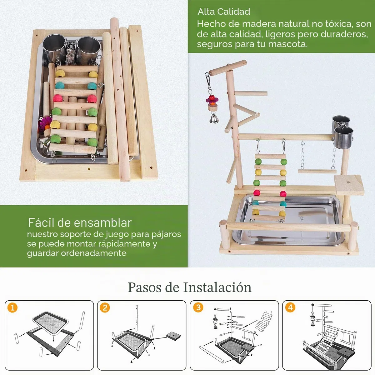 Soporte de Madera para Loros y Pájaros, Patio de Recreo, Gimnasio,Juego de Juguetes, con Perchas, Escaleras y Columpio, para Eclectus Scarlet Macaw Cacatua Monk Parrocchetto Quaker