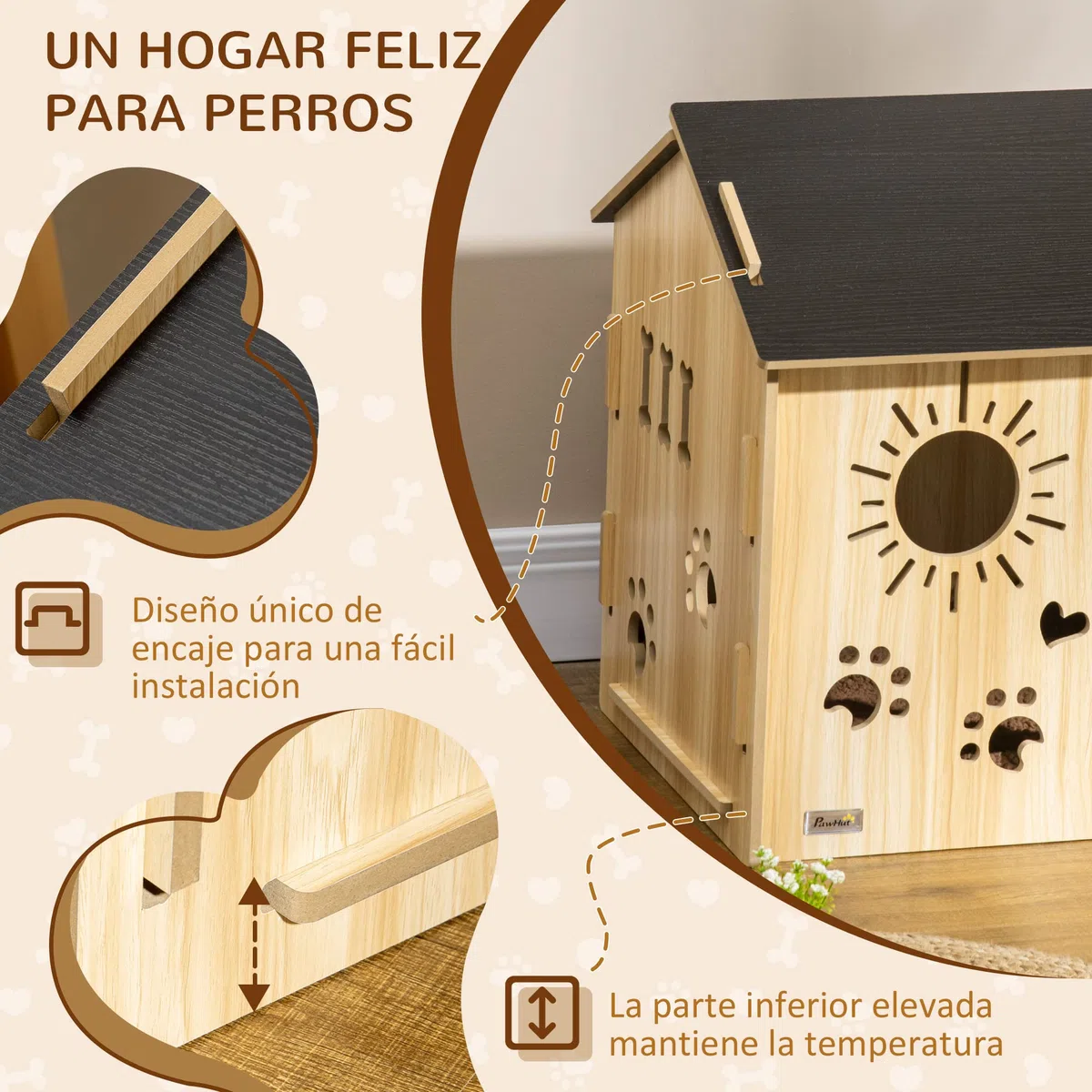 PawHut Caseta de Madera para Perros Pequeños Casa para Mascotas Interior con Puerta Delantera de Forma de Sol Corazón Pata 69x50x58,5 cm Roble
