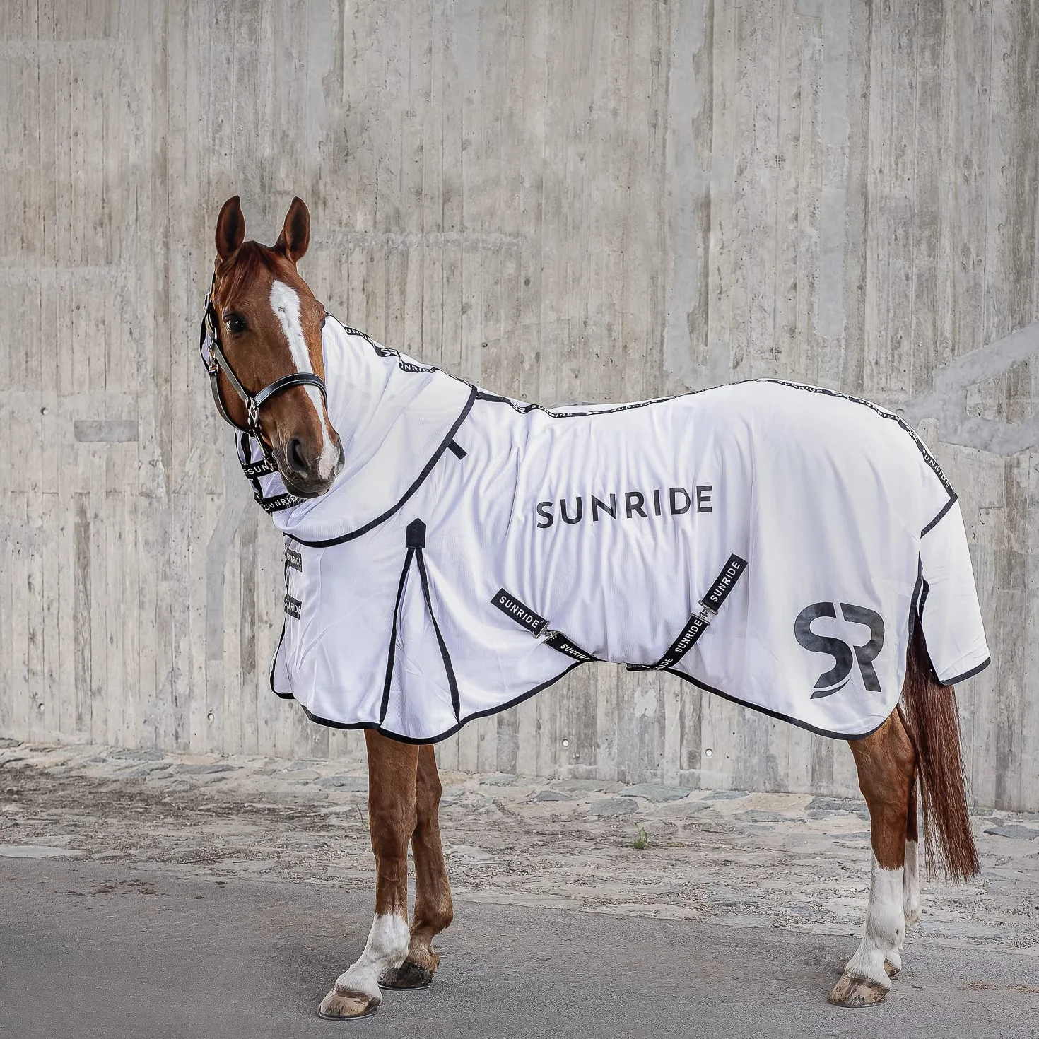 SUNRIDE Manta para Moscas (Miami) con sección de Cuello Desmontable y Mayor Libertad de Movimientos, Resistente a la Rotura, elástica y Robusta (105 cm, Blanca)