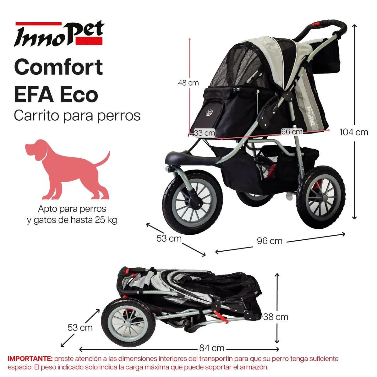 Innopet Carrito para perros Comfort EFA Eco negro/plata - Cochecito plegable para perros y gatos, ruedas EVA antipinchazos, hasta 25kg, 2 correas y cesta inferior