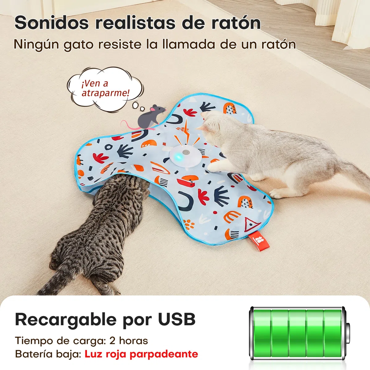 Potaroma Juguete Interactivo para Gatos – Juguete Automático Recargable con Plumas Móviles Ocultas, Sonido de Ratón, Activación por Toque, Ideal para Juegos y Ejercicio en Interiores Cubierta Floral